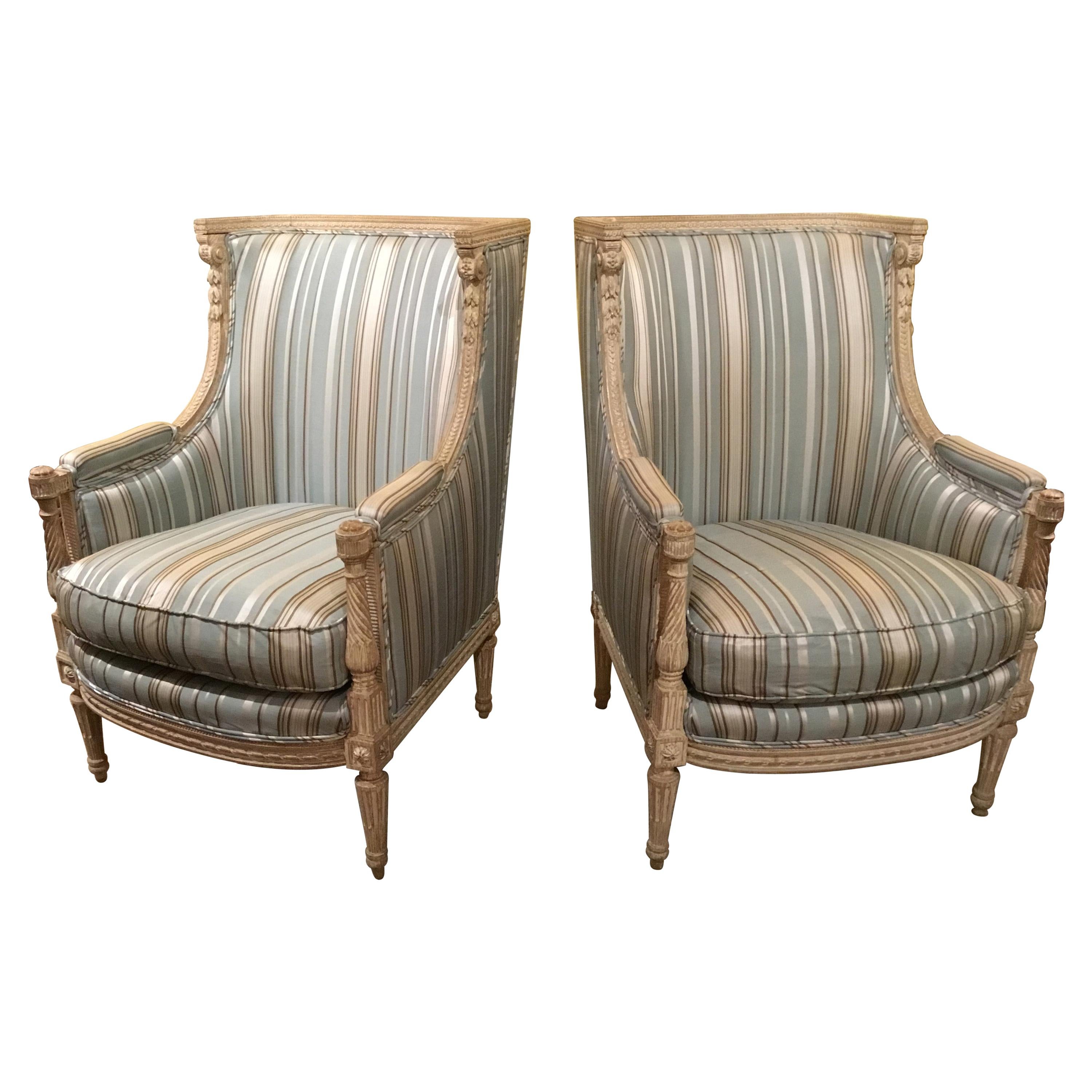 Pair of Louis XVI-Style Bergeres/Chairs, Late 19th Century in Polychrome Finish