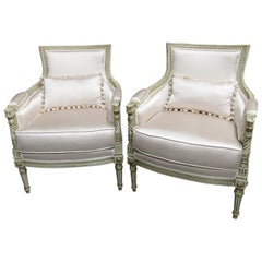 Pair Maison Jansen Style Creme Paint Louis XVI Style Bergère Club Chairs 1920s