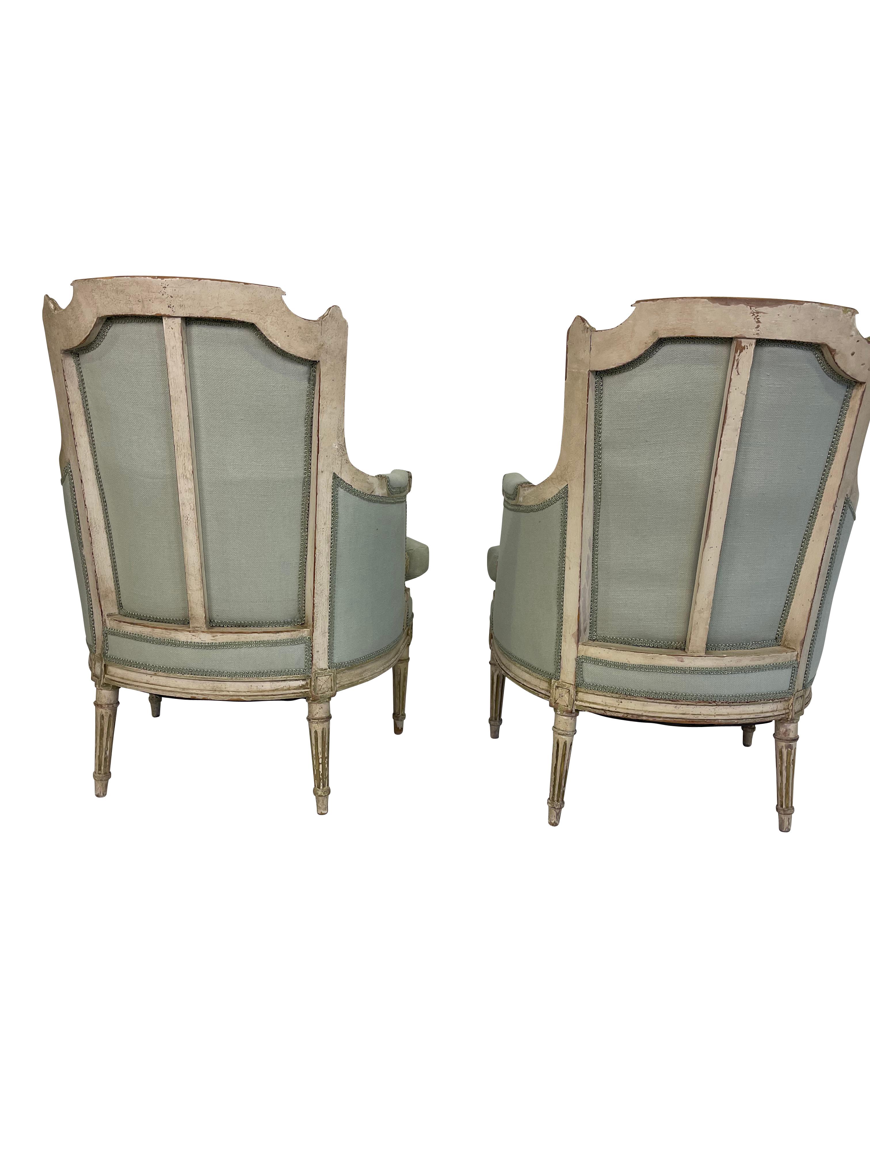 French Pair of Louis XVI Style Bergeres in Blue/Green Linen Newly Reupholstered