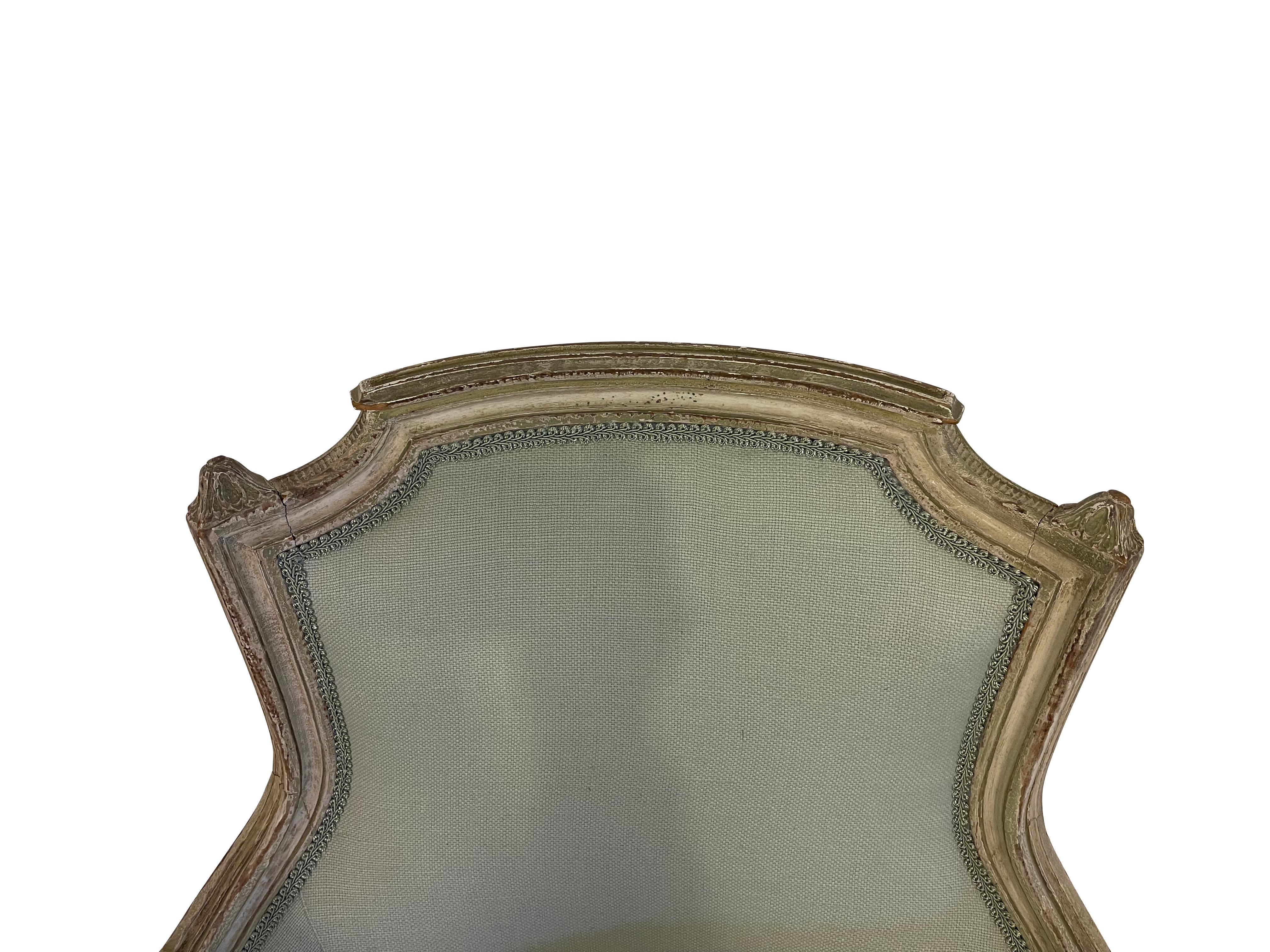 Hand-Carved Pair of Louis XVI Style Bergeres in Blue/Green Linen Newly Reupholstered