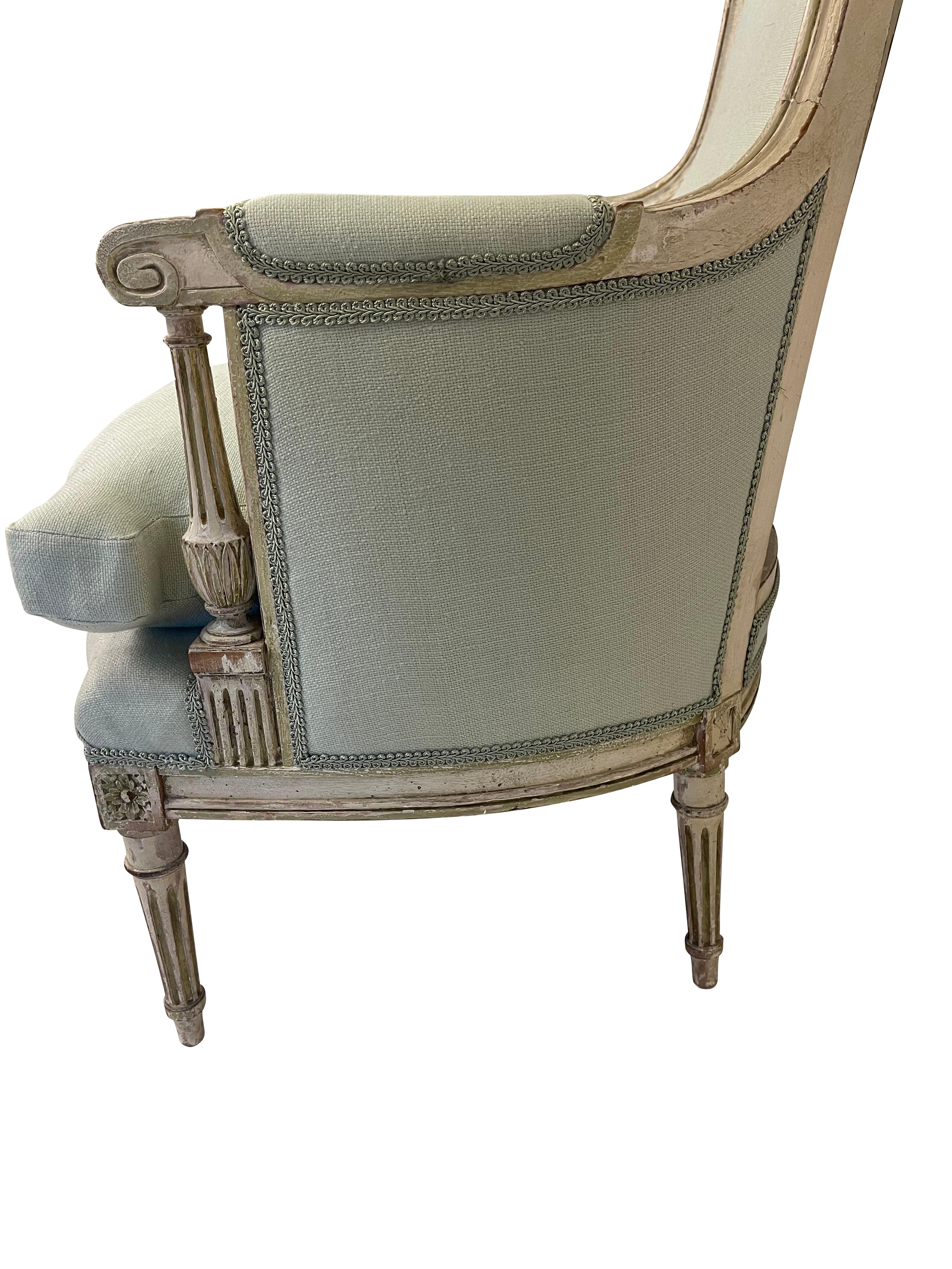 19th Century Pair of Louis XVI Style Bergeres in Blue/Green Linen Newly Reupholstered