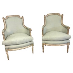 Antique Pair of Louis XVI Style Bergeres in Blue/Green Linen Newly Reupholstered