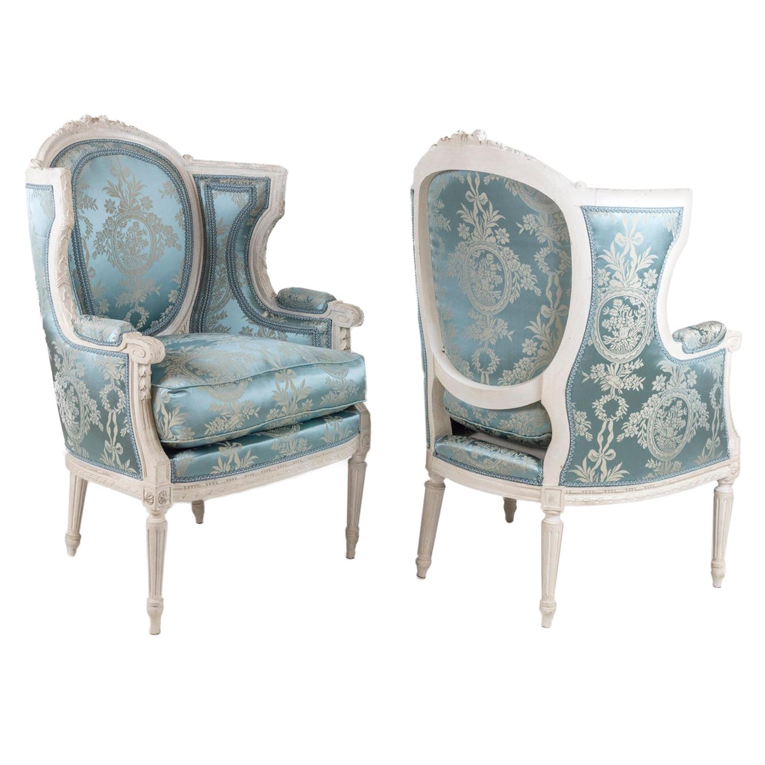 Pair of Louis XVI Style Bergères in Grey Lacquered Wood, Late 19th Century