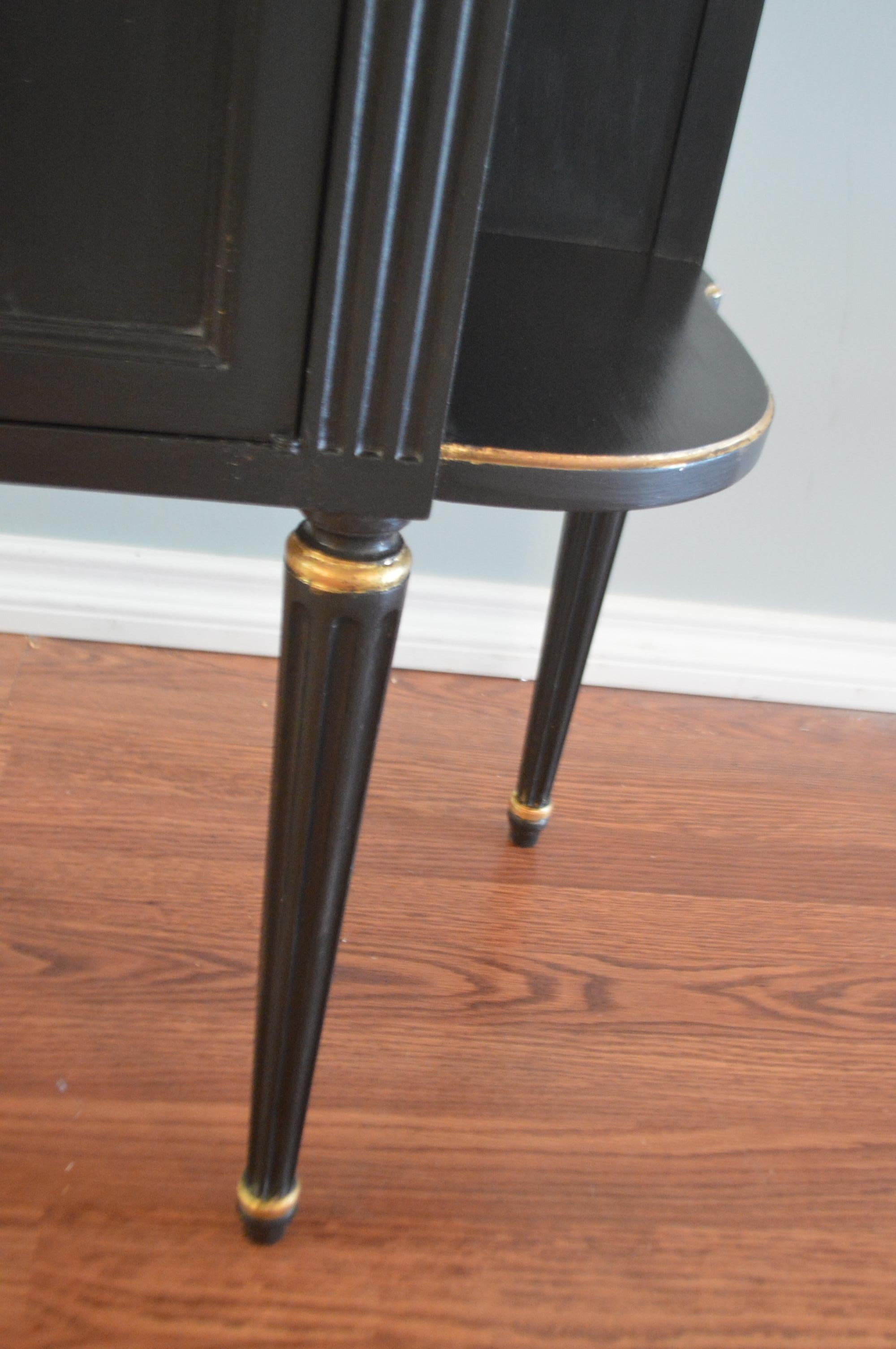 Pair of Louis XVI Style Black Demilune Cabinets, Gilt Accents, Two Doors, Shelf In Excellent Condition In Oakville, ON