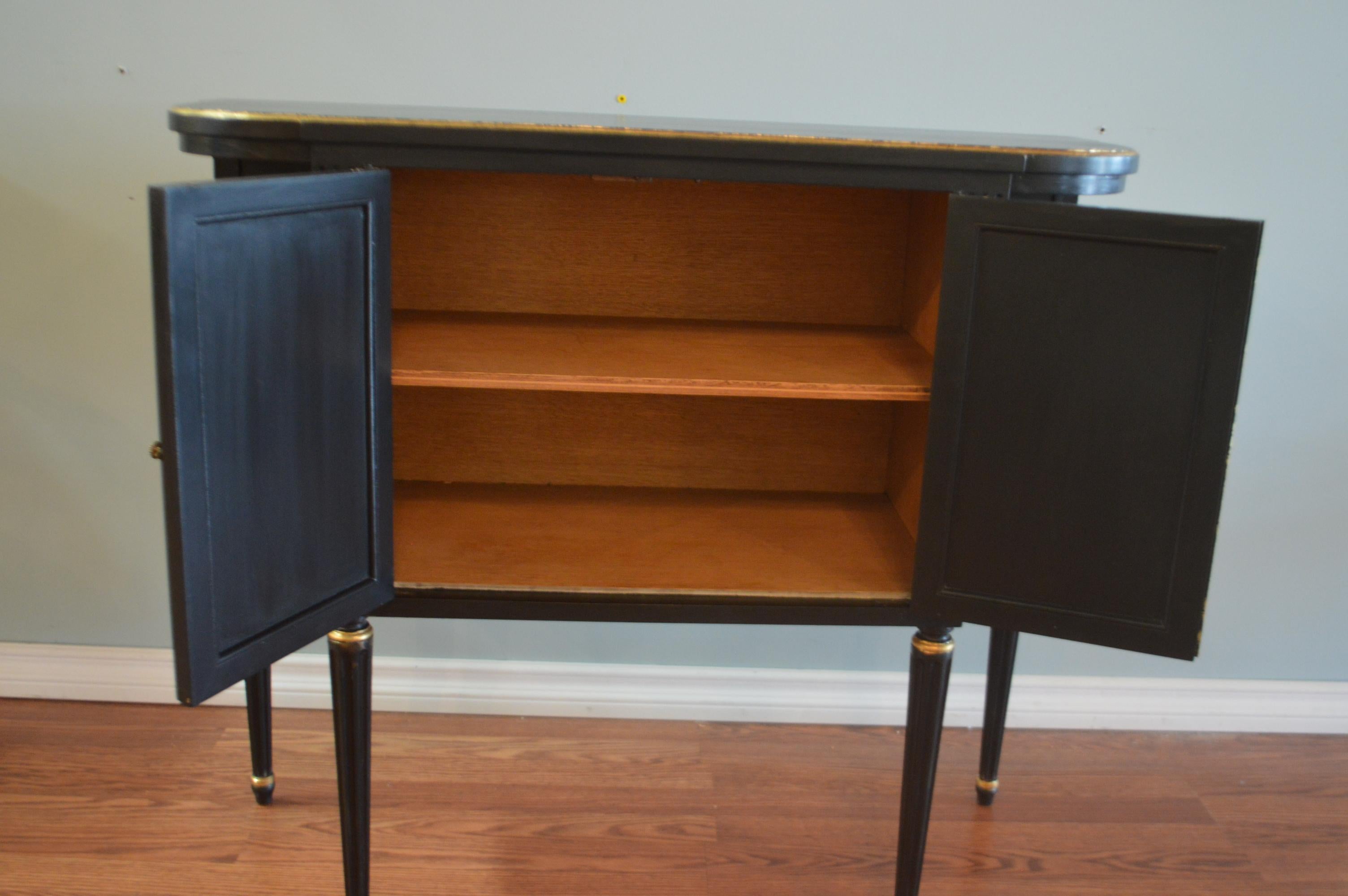 20th Century Pair of Louis XVI Style Black Demilune Cabinets, Gilt Accents, Two Doors, Shelf