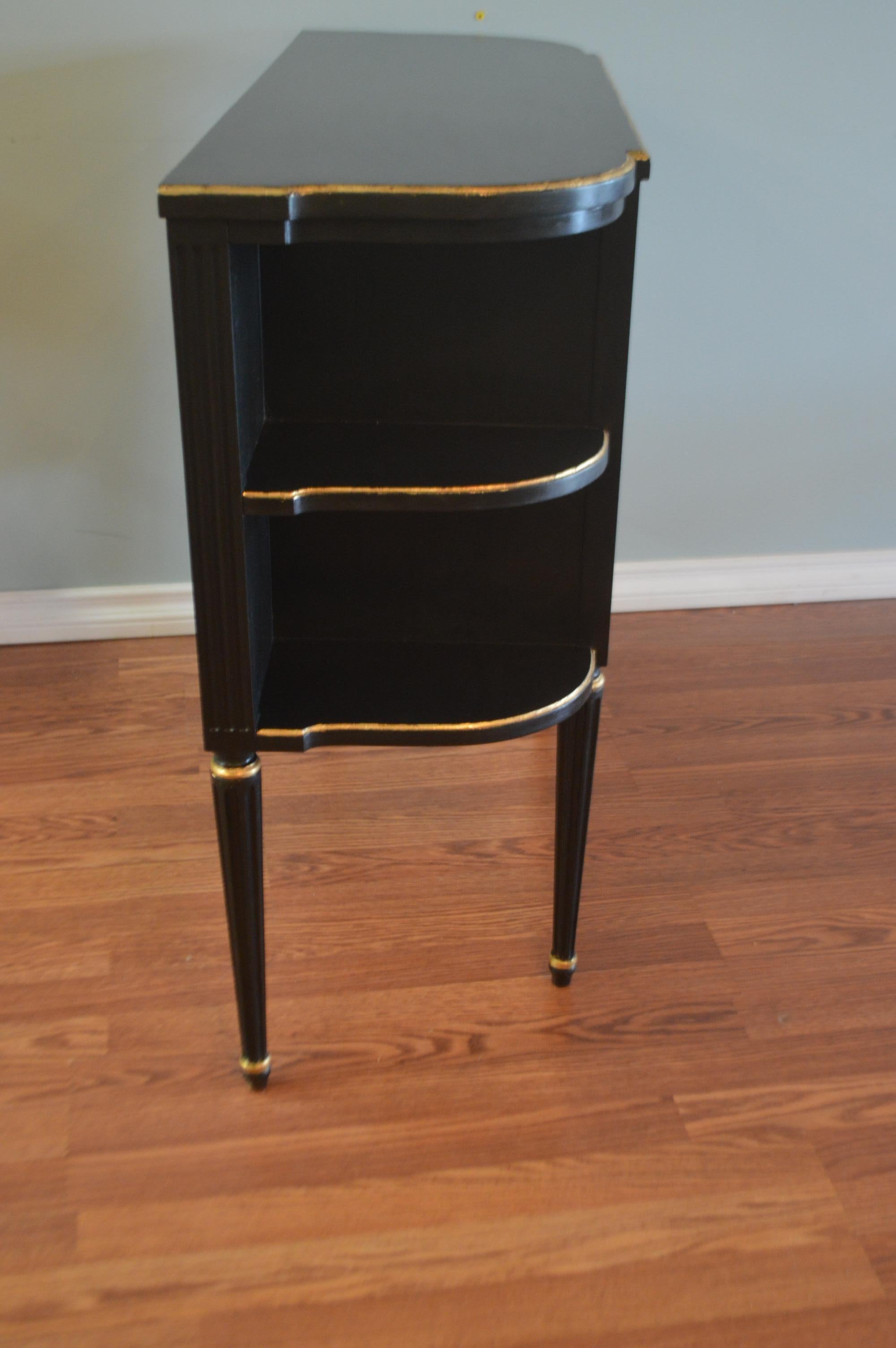 Beech Pair of Louis XVI Style Black Demilune Cabinets, Gilt Accents, Two Doors, Shelf