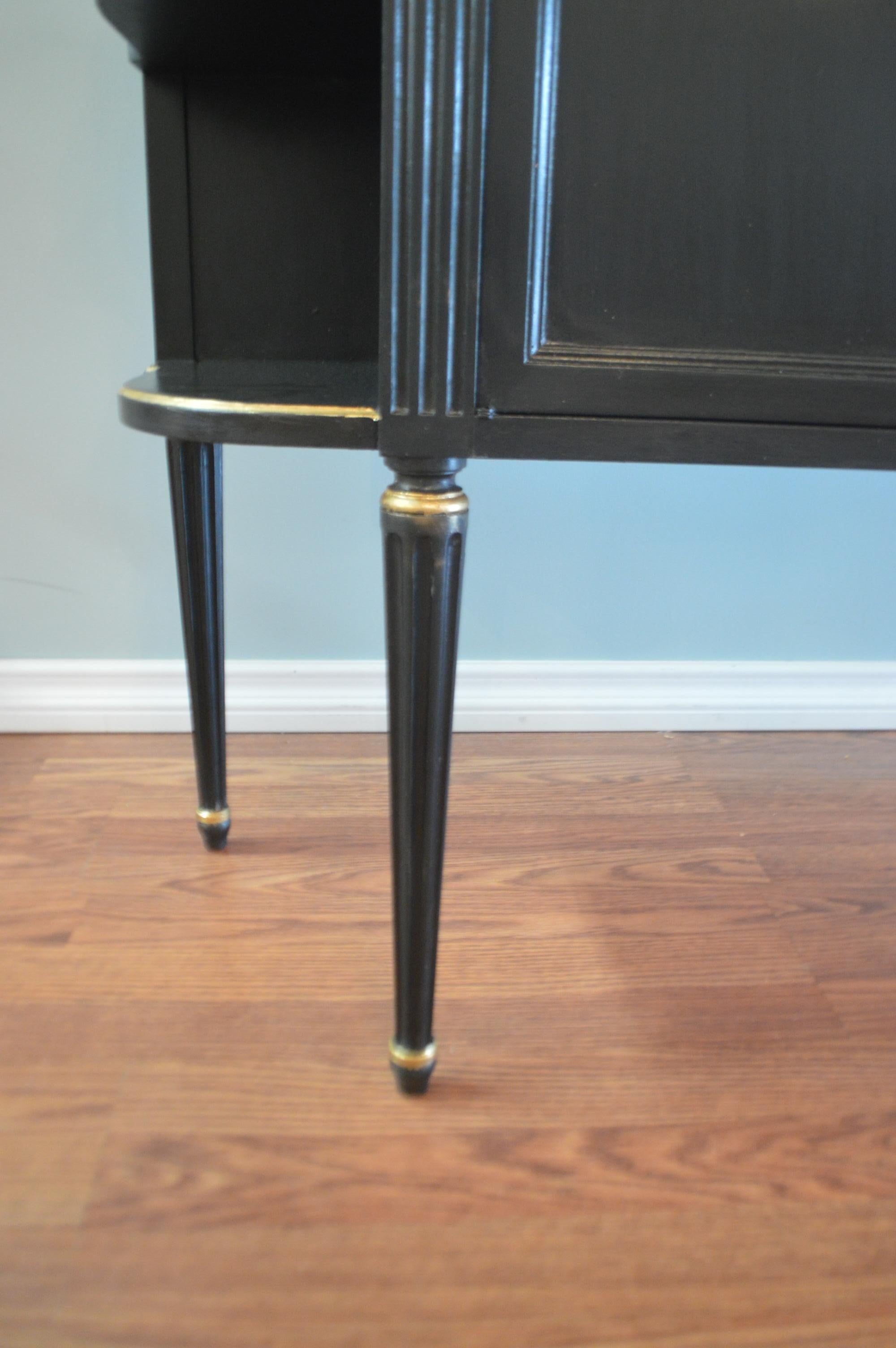 Pair of Louis XVI Style Black Demilune Cabinets, Gilt Accents, Two Doors, Shelf 1