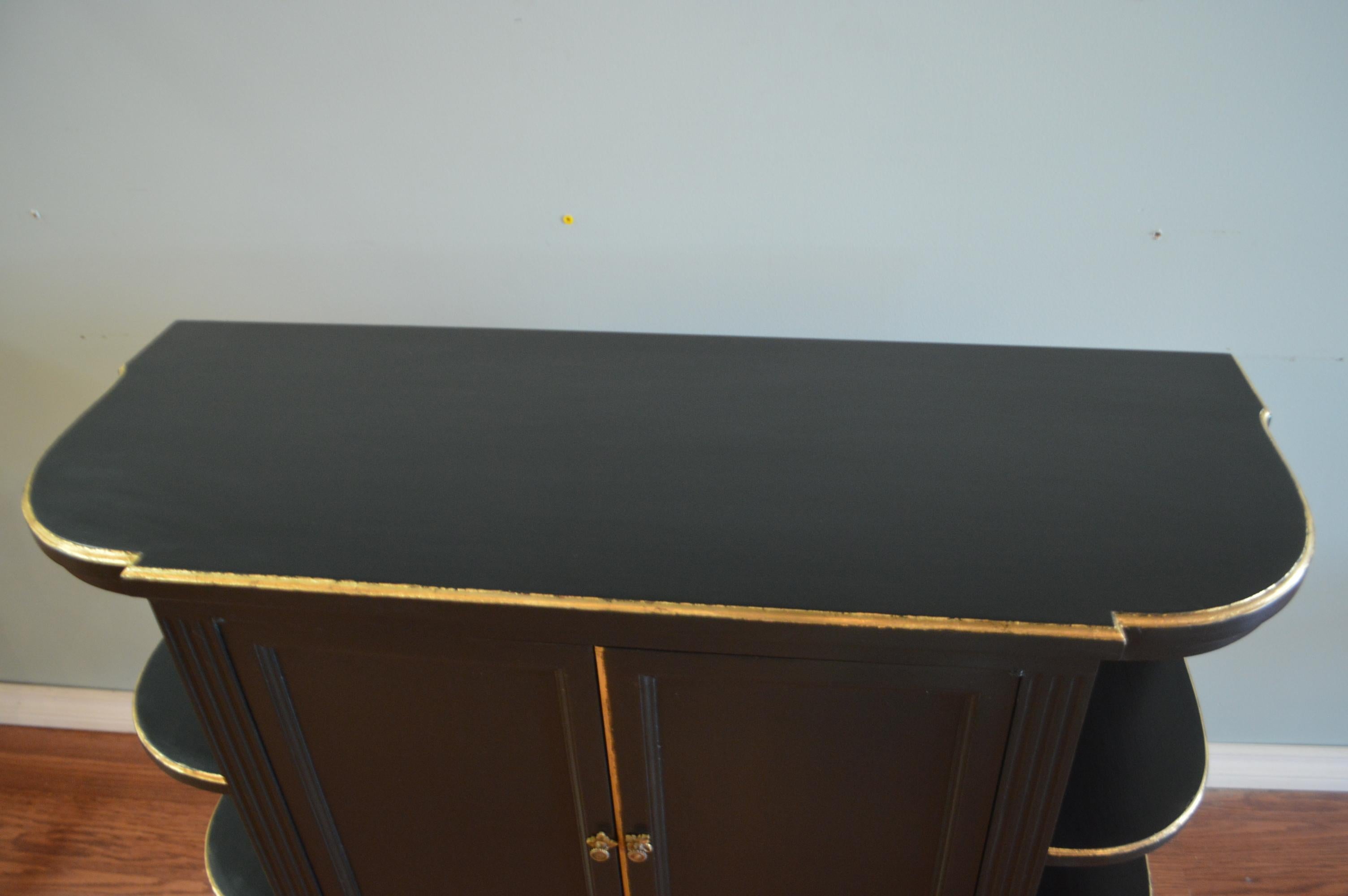 Pair of Louis XVI Style Black Demilune Cabinets, Gilt Accents, Two Doors, Shelf 2