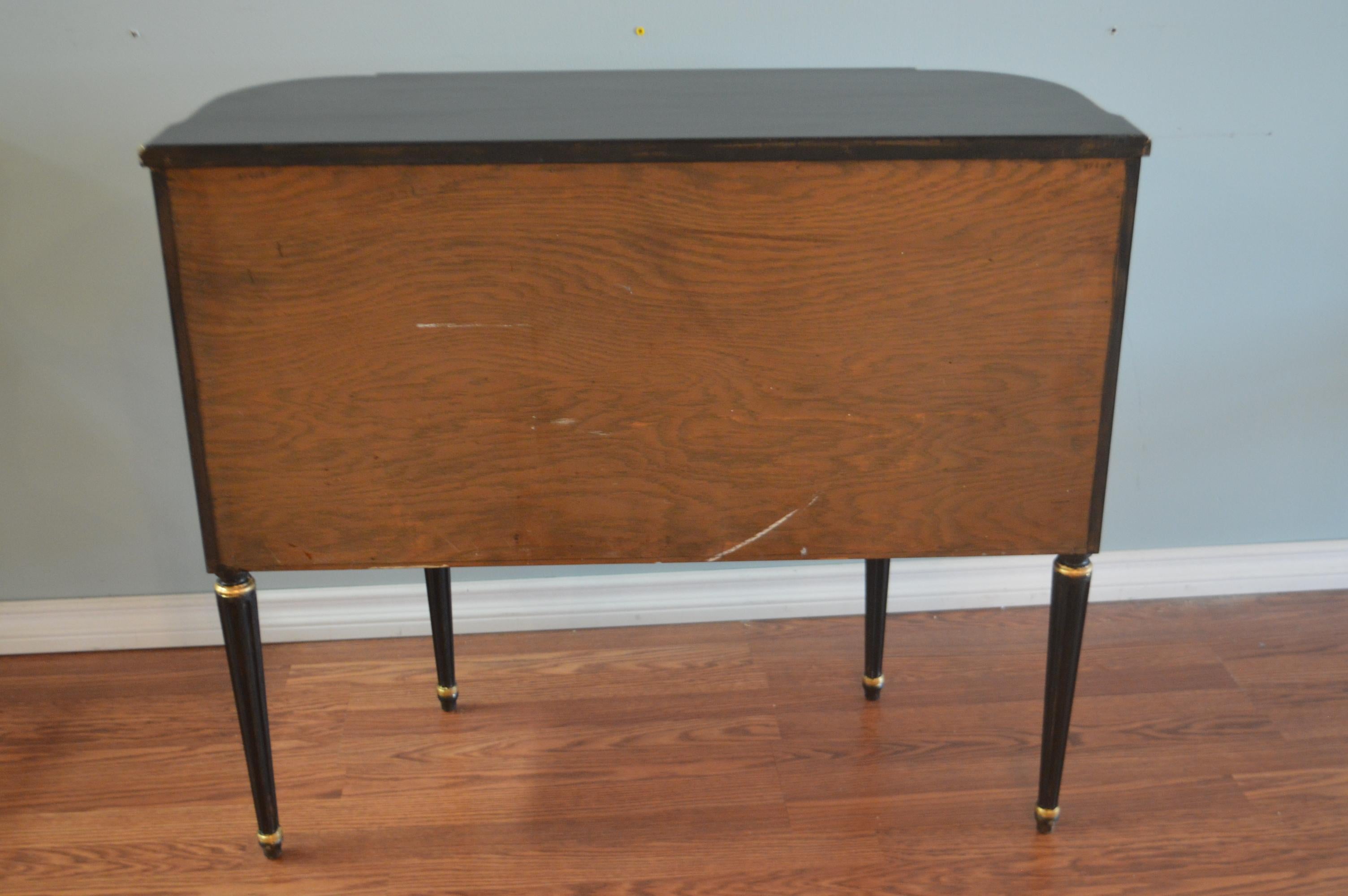 Pair of Louis XVI Style Black Demilune Cabinets, Gilt Accents, Two Doors, Shelf 3