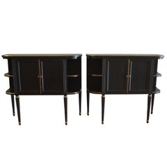 Pair of Louis XVI Style Black Demilune Cabinets, Gilt Accents, Two Doors, Shelf