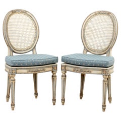 Pair of Louis XVI Style Blue and White Canned Chairs