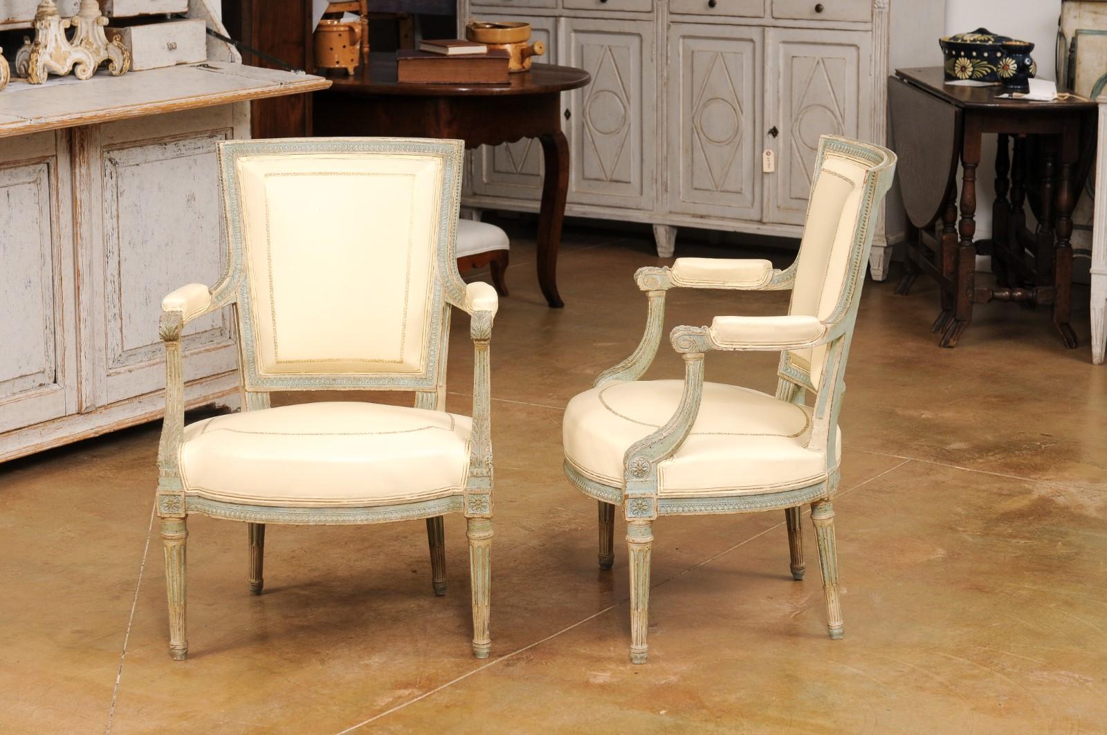 Pair of Louis XVI Style Blue Grey Painted Armchairs Covered in White Leather For Sale 4