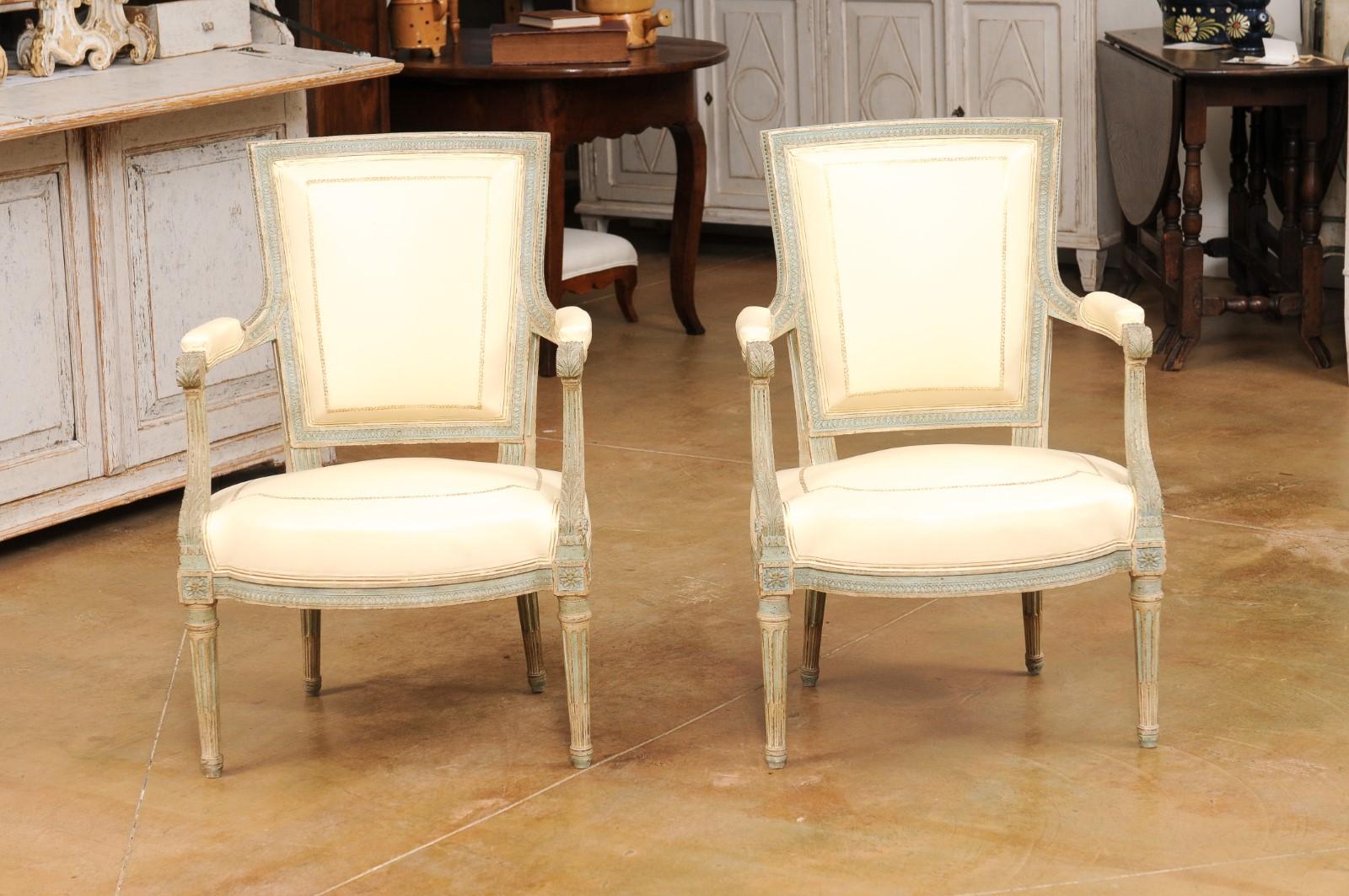 Pair of Louis XVI Style Blue Grey Painted Armchairs Covered in White Leather For Sale 6