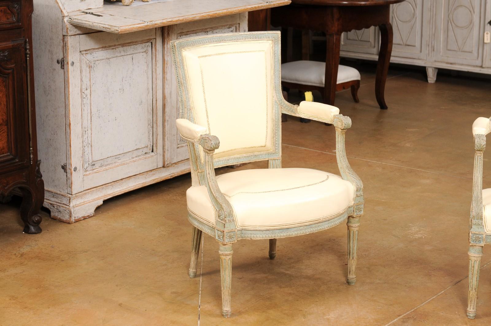 Pair of Louis XVI Style Blue Grey Painted Armchairs Covered in White Leather For Sale 7