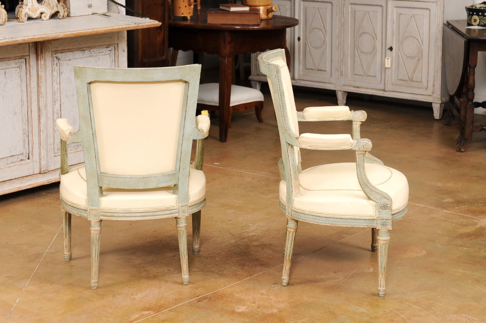 Pair of Louis XVI Style Blue Grey Painted Armchairs Covered in White Leather For Sale 1