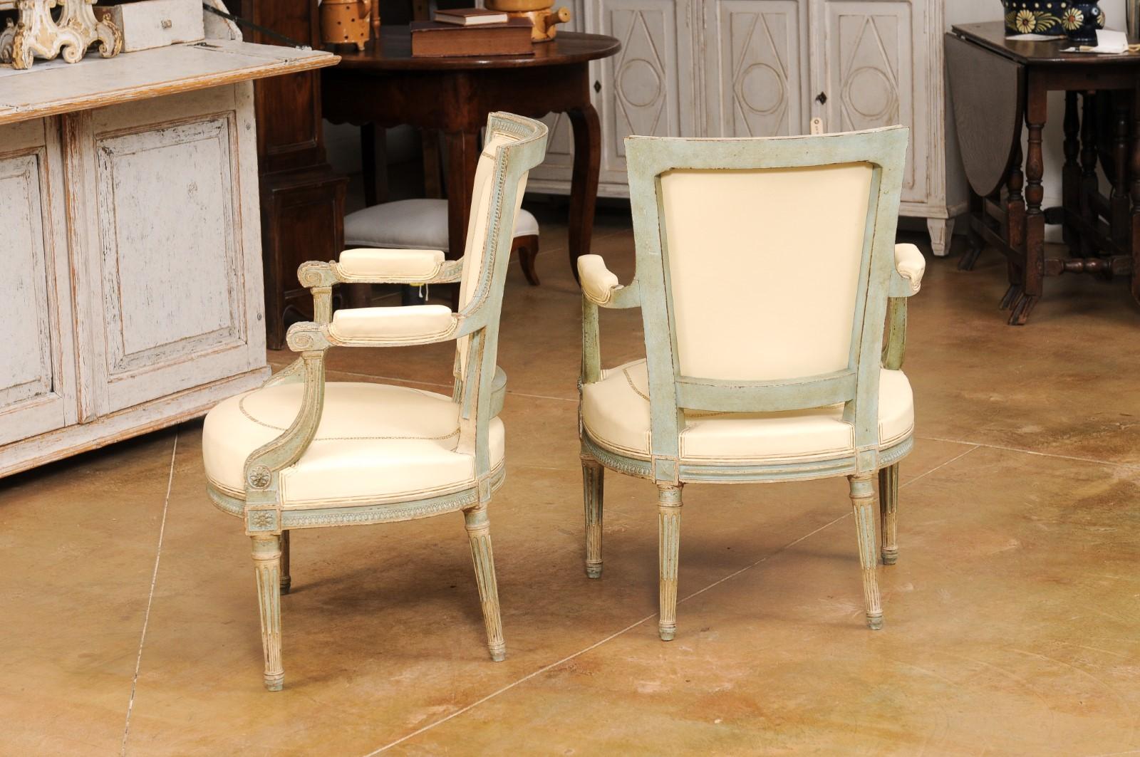 Pair of Louis XVI Style Blue Grey Painted Armchairs Covered in White Leather For Sale 3