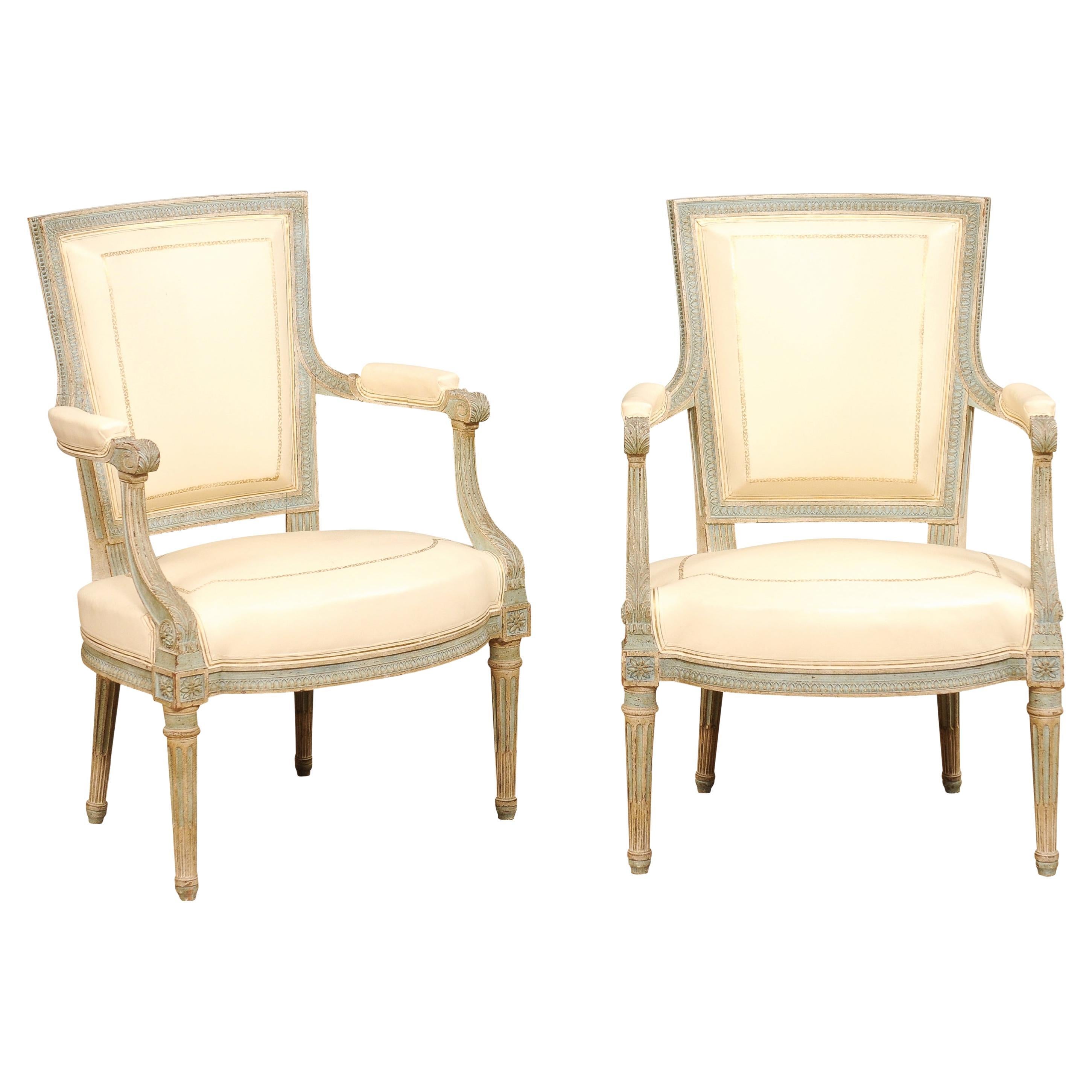 Pair of Louis XVI Style Blue Grey Painted Armchairs Covered in White Leather For Sale