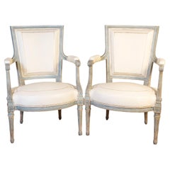 Pair of Louis XVI Style Blue Grey Painted Armchairs Covered in White Leather
