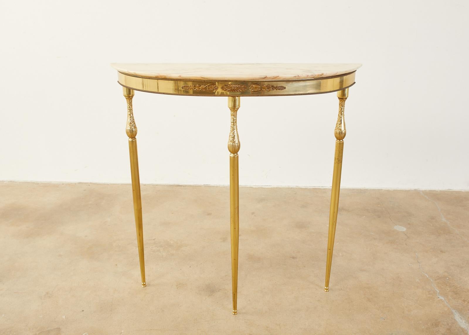 Pair of Louis XVI Style Brass Marble-Top Demilune Consoles In Good Condition In Rio Vista, CA