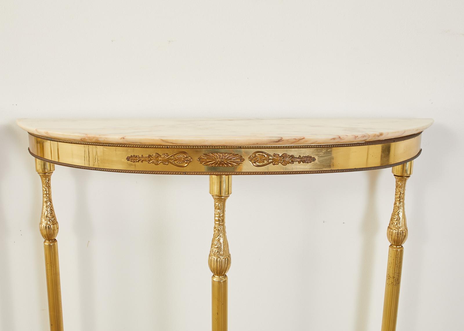 Pair of Louis XVI Style Brass Marble-Top Demilune Consoles 1