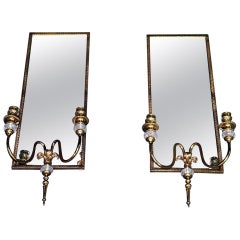 Pair of Louis XVI Style Brass Mirrored Sconces Pair of Louis XVI Style Brass Mirrored Sconces