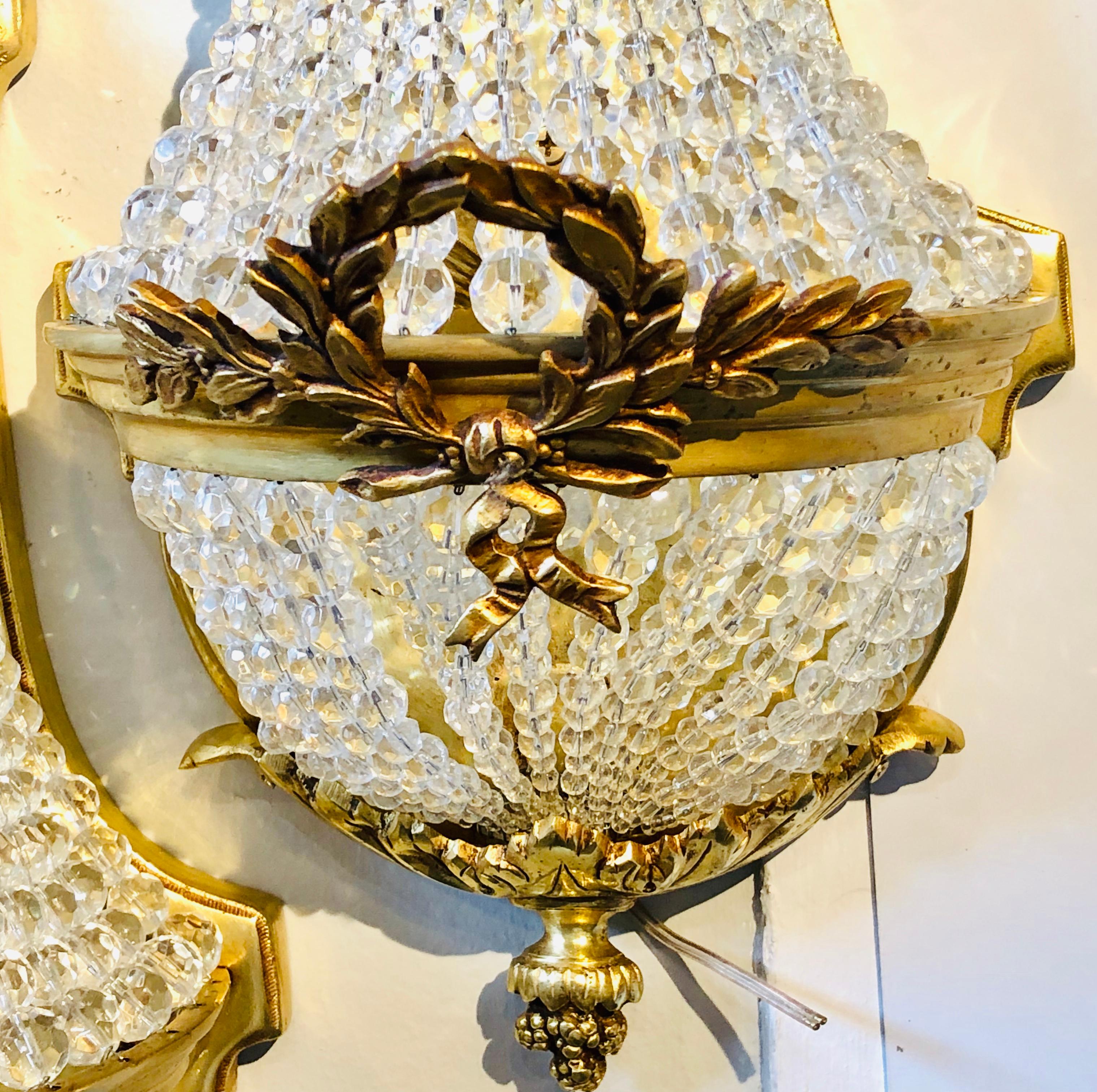 Pair of Louis XVI Style Bronze and Crystal Beaded Diminutive Wall Sconce For Sale 7
