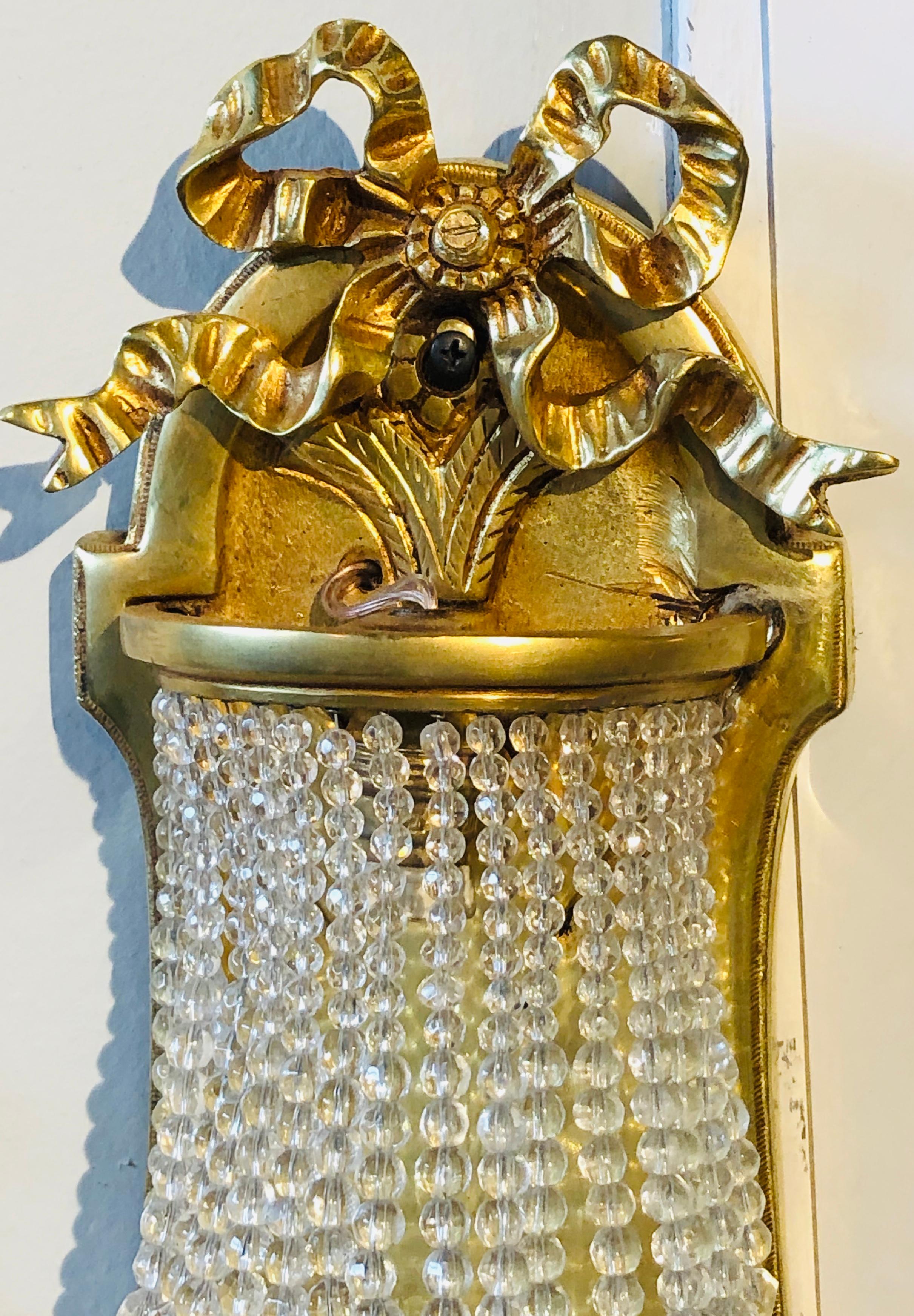 Pair of Louis XVI Style Bronze and Crystal Beaded Diminutive Wall Sconce For Sale 8