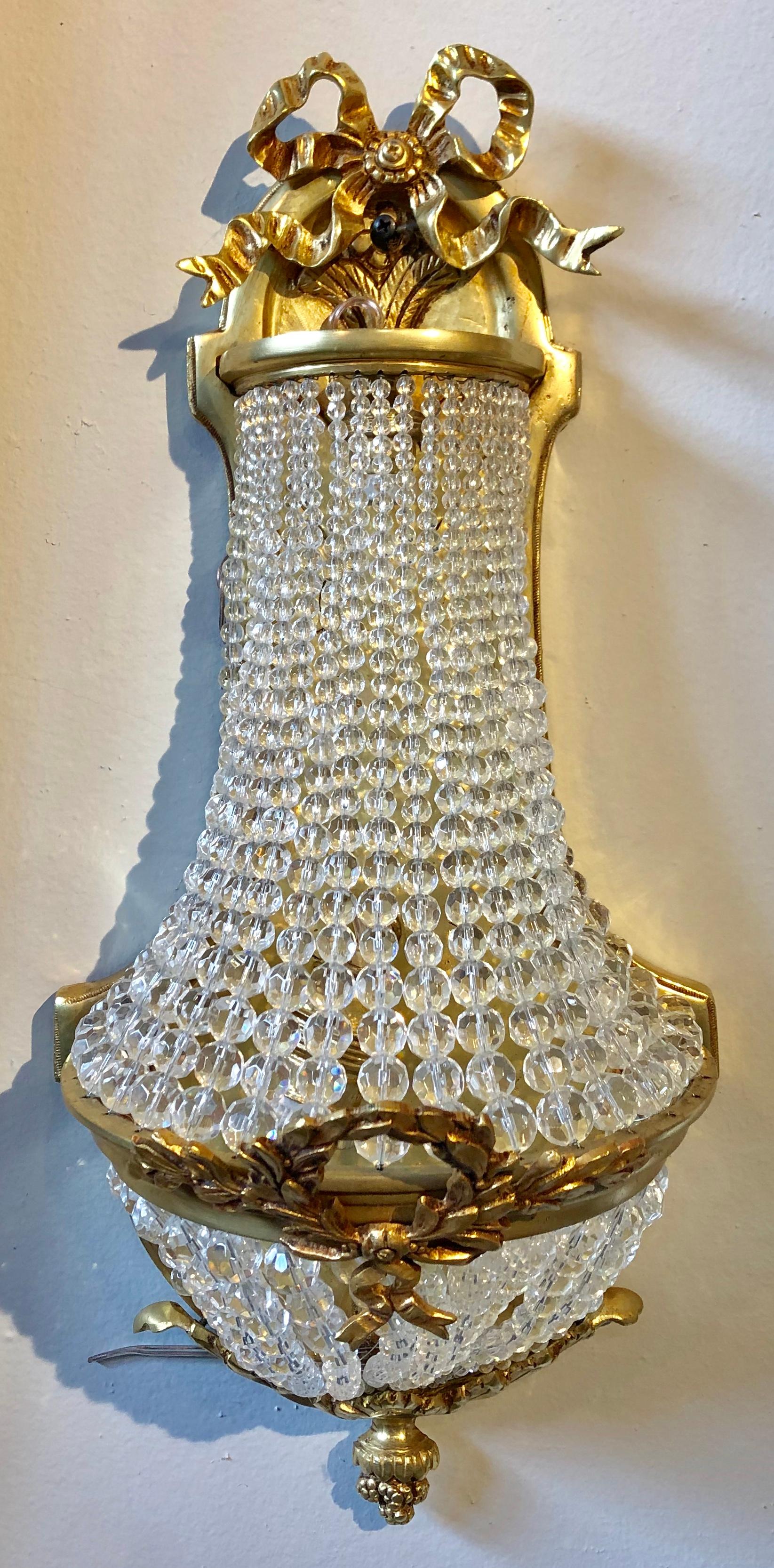 Pair of Louis XVI Style Bronze and Crystal Beaded Diminutive Wall Sconce In Good Condition For Sale In Stamford, CT