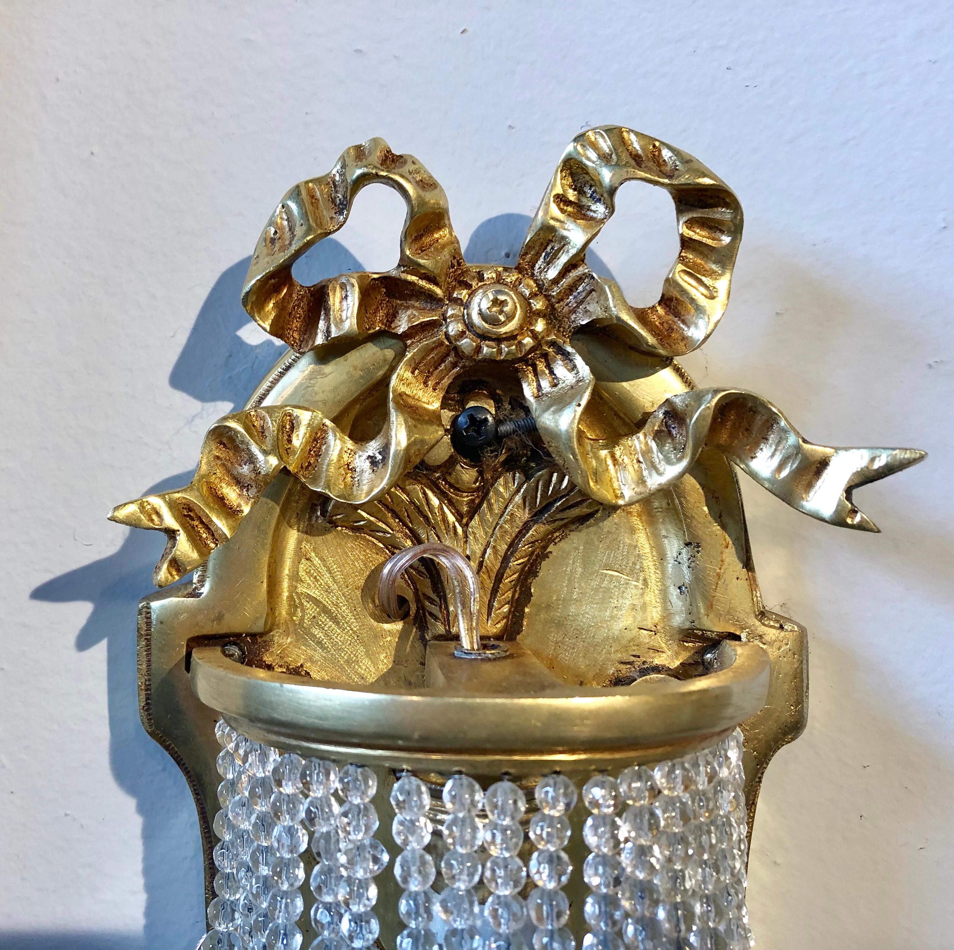 Pair of Louis XVI Style Bronze and Crystal Beaded Diminutive Wall Sconce For Sale 1
