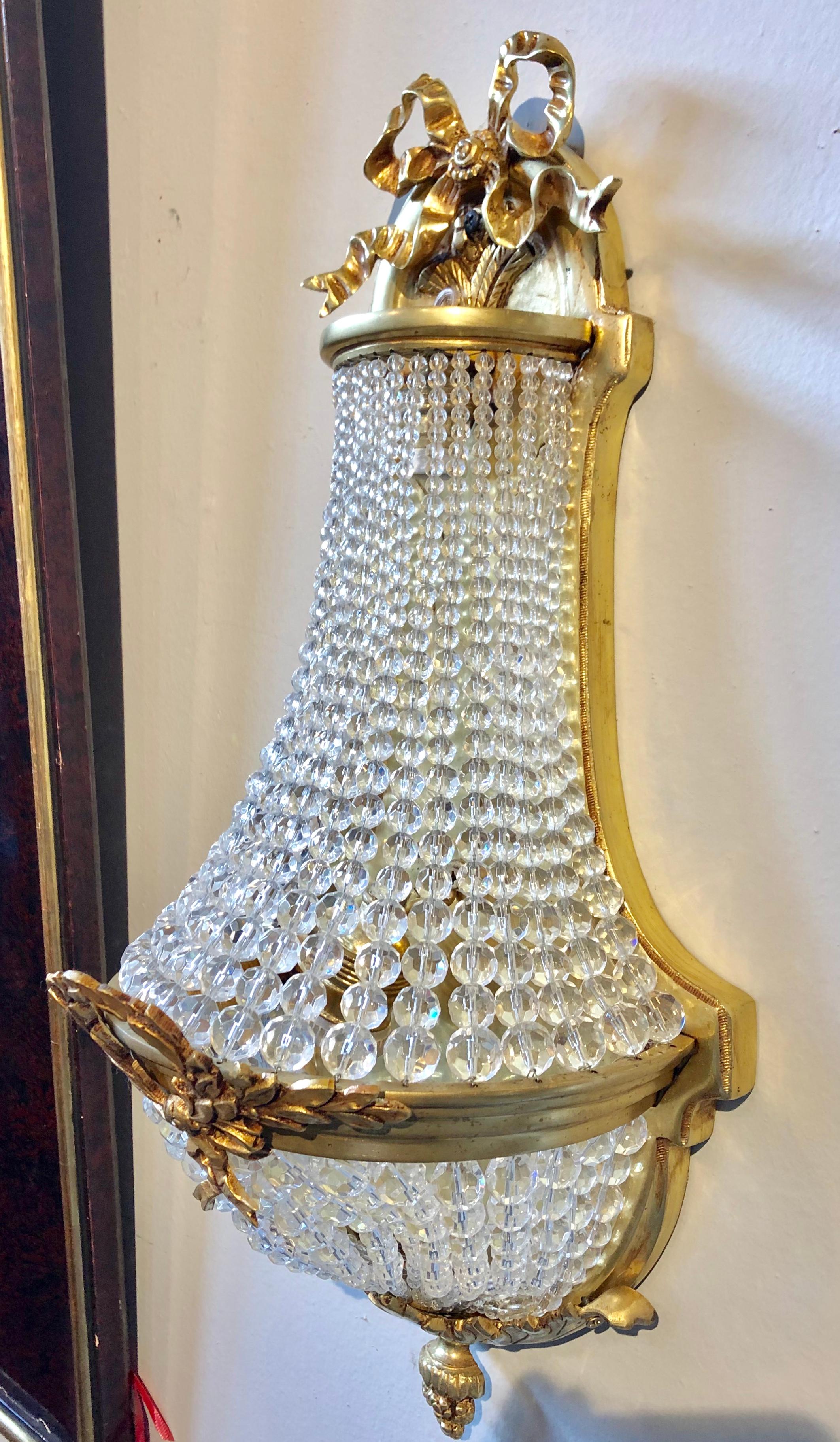 Pair of Louis XVI Style Bronze and Crystal Beaded Diminutive Wall Sconce For Sale 2