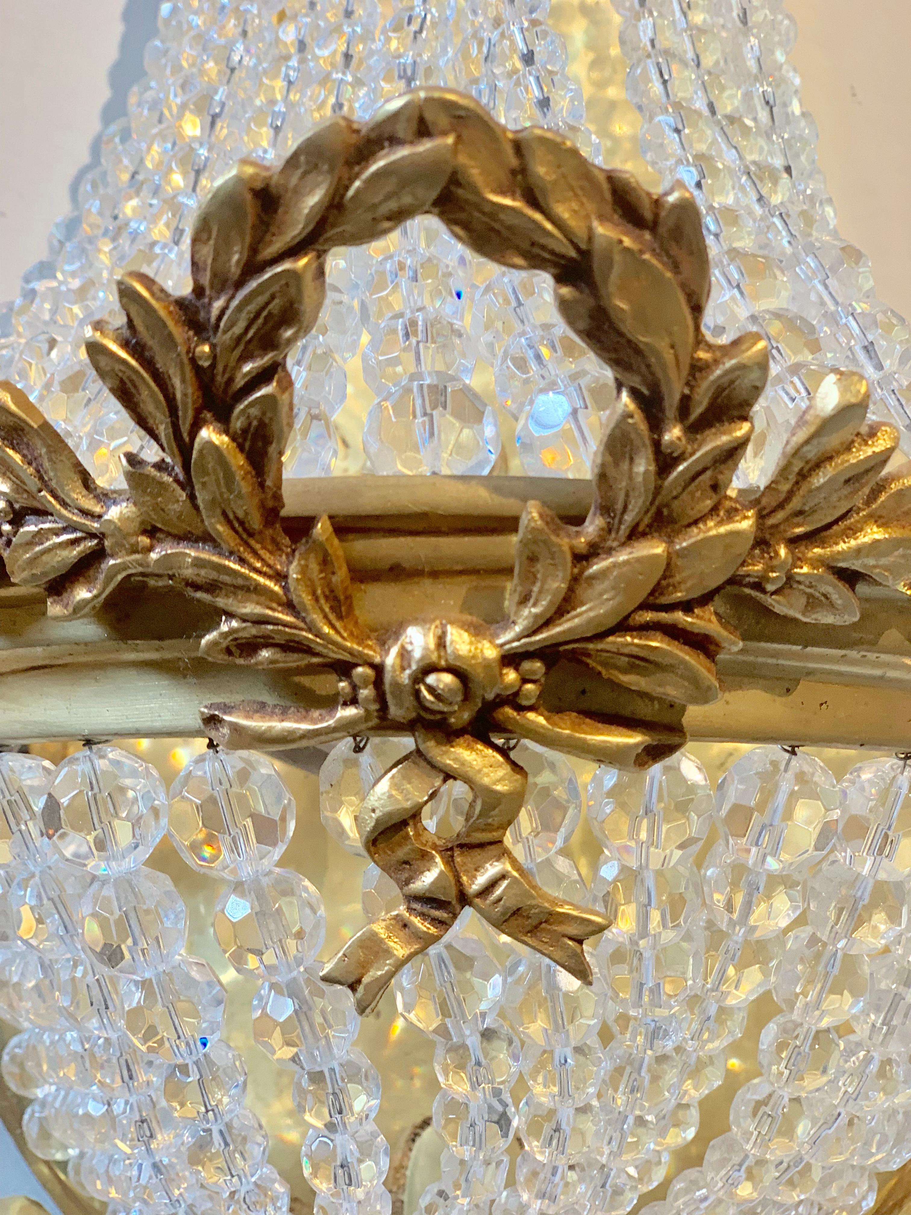 Pair of Louis XVI Style Bronze and Crystal Beaded Diminutive Wall Sconce For Sale 3