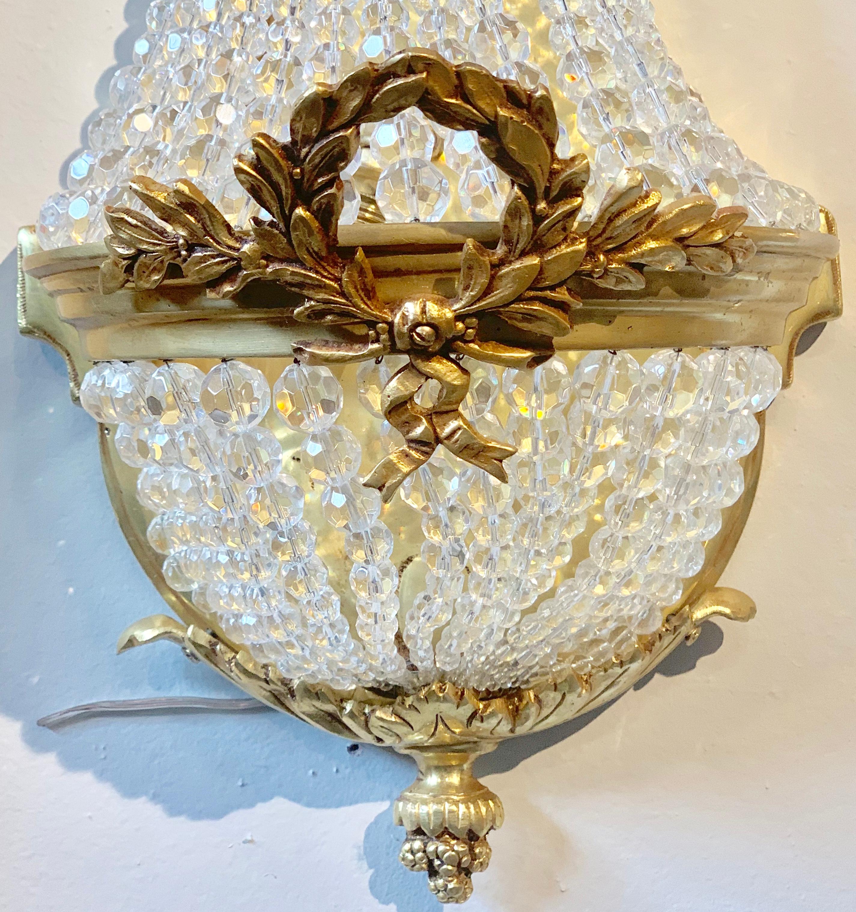 Pair of Louis XVI Style Bronze and Crystal Beaded Diminutive Wall Sconce For Sale 5