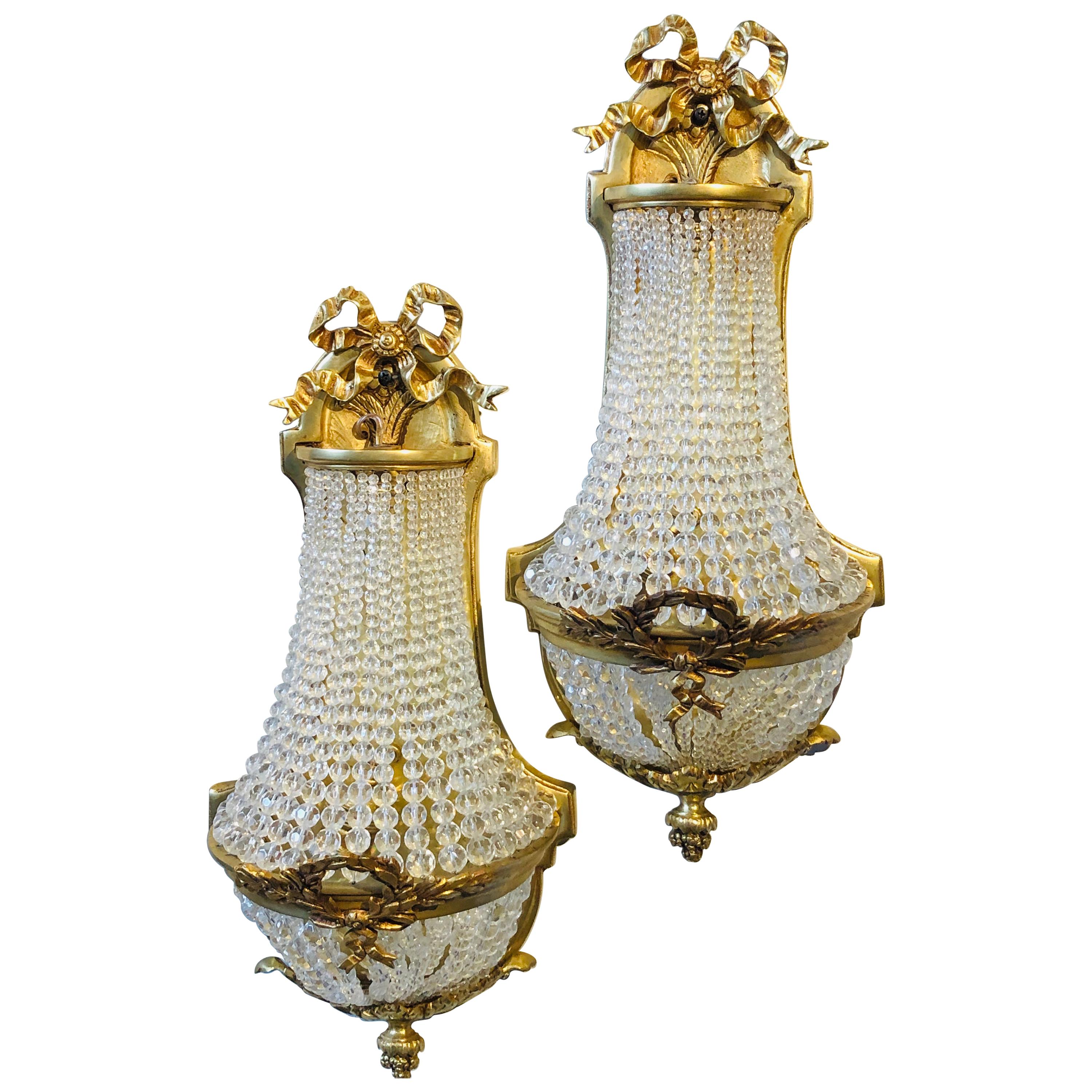 Pair of Louis XVI Style Bronze and Crystal Beaded Diminutive Wall Sconce For Sale