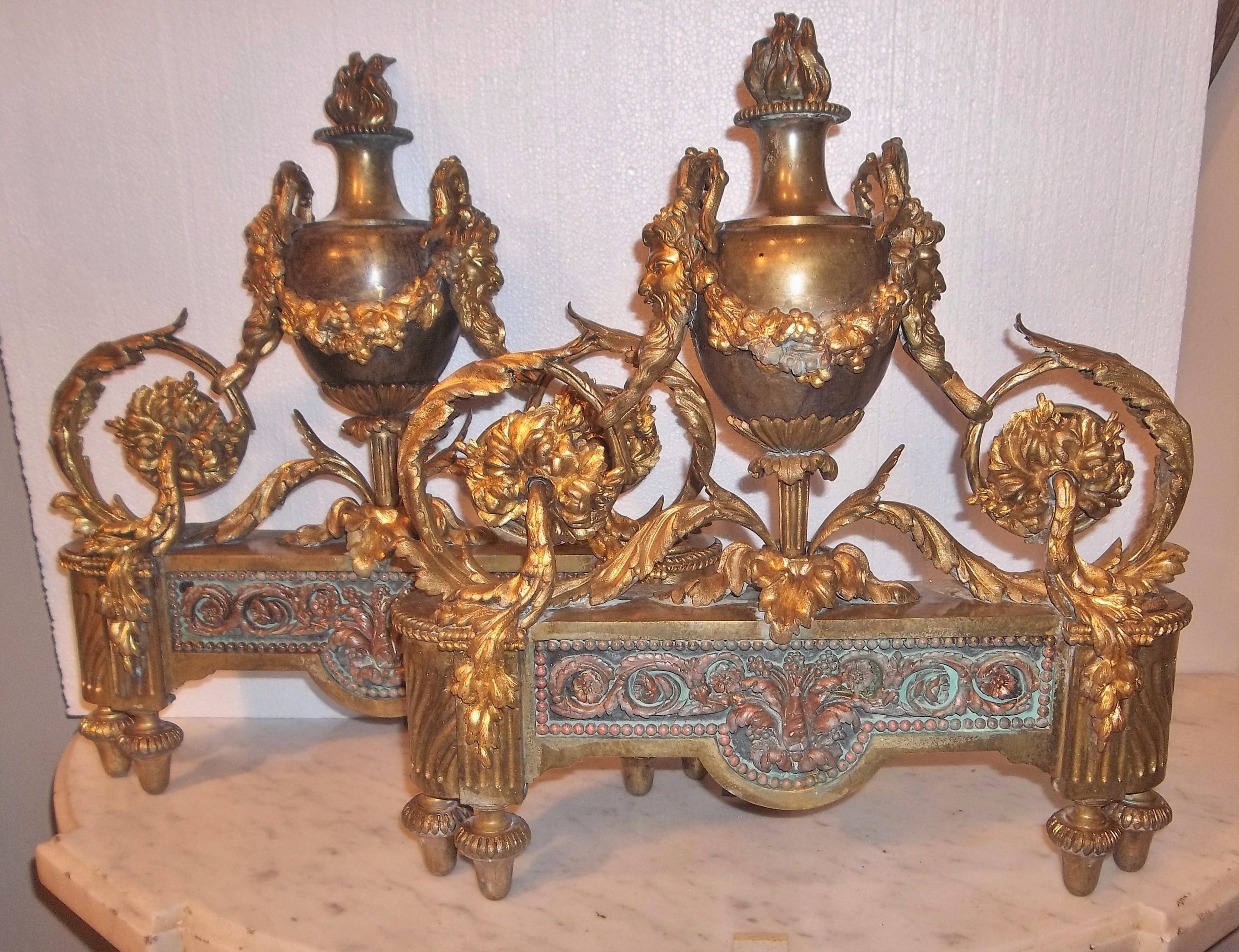 French Pair of Louis XVI Style Bronze and Gilt Bronze Chenets or Andirons