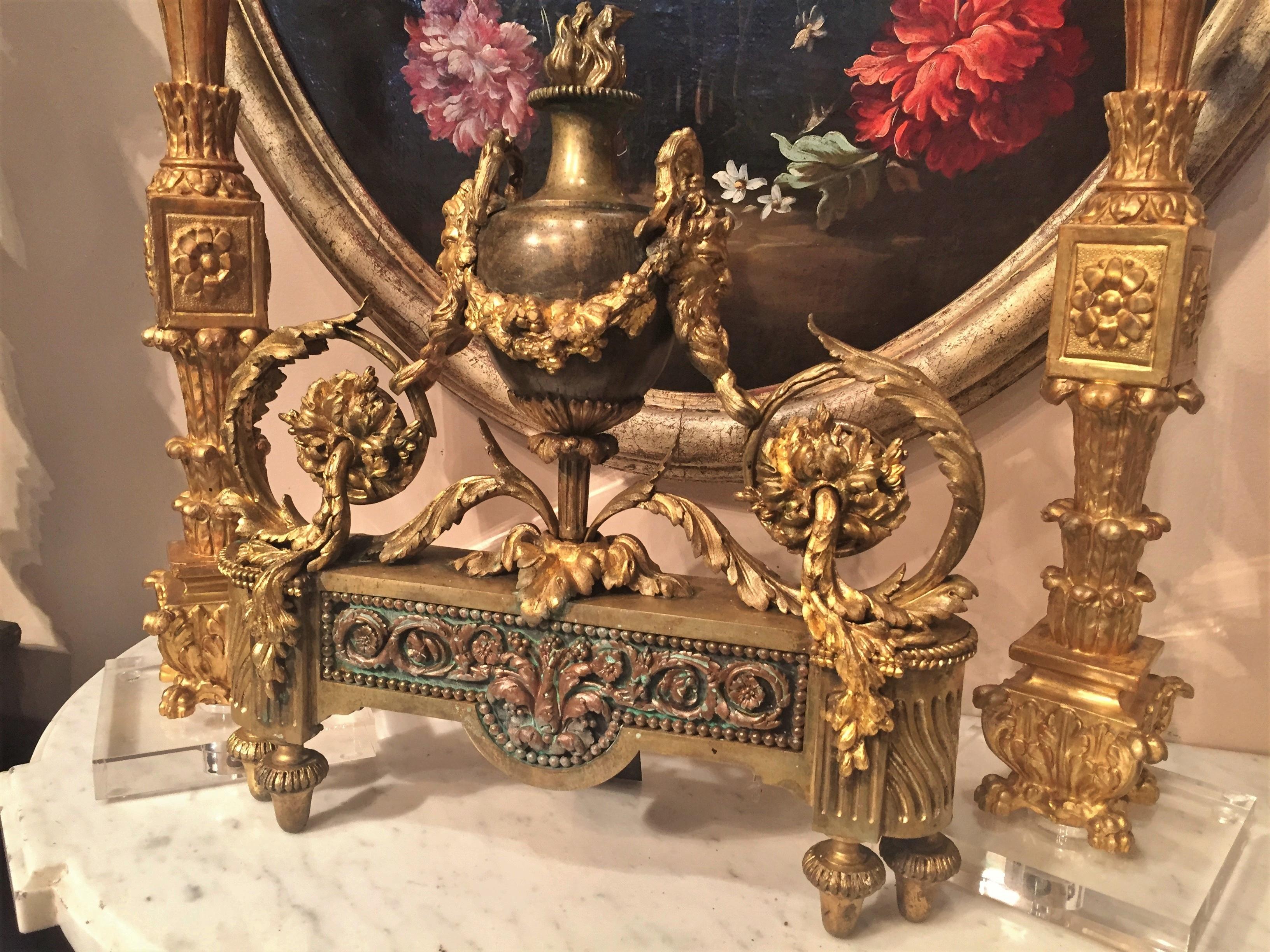 Pair of Louis XVI Style Bronze and Gilt Bronze Chenets or Andirons 2