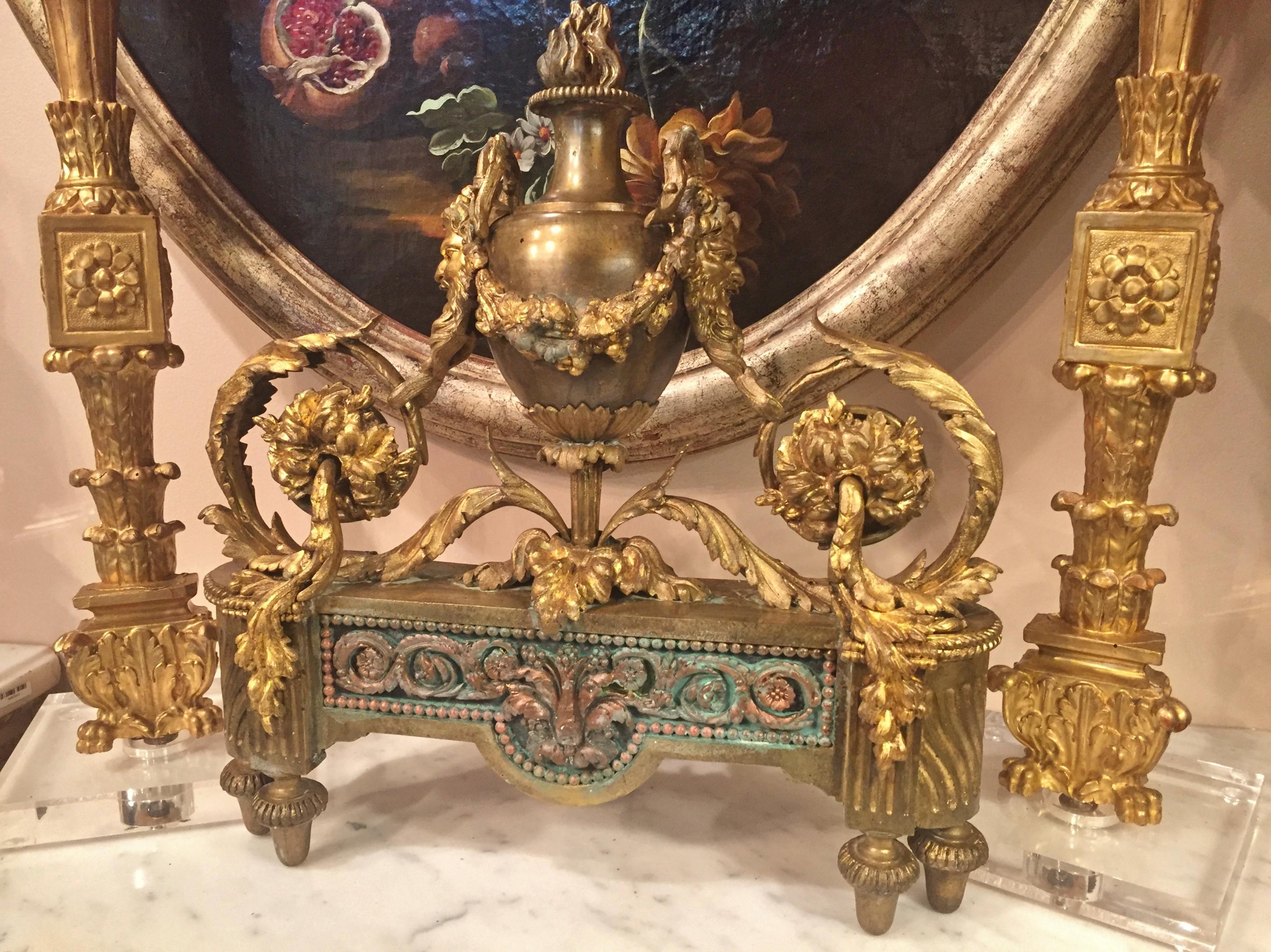 Pair of Louis XVI Style Bronze and Gilt Bronze Chenets or Andirons 3