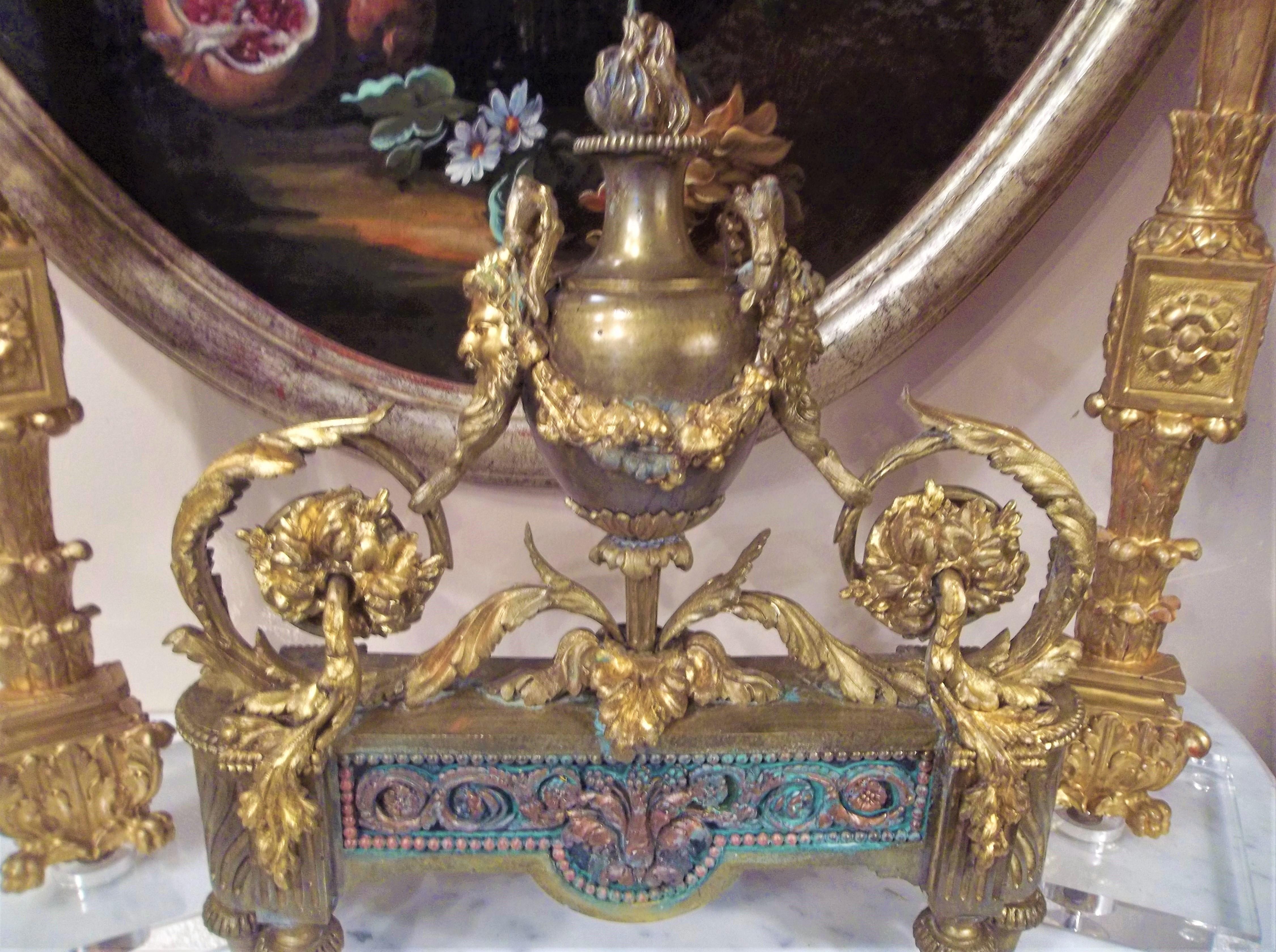 Pair of Louis XVI Style Bronze and Gilt Bronze Chenets or Andirons 4