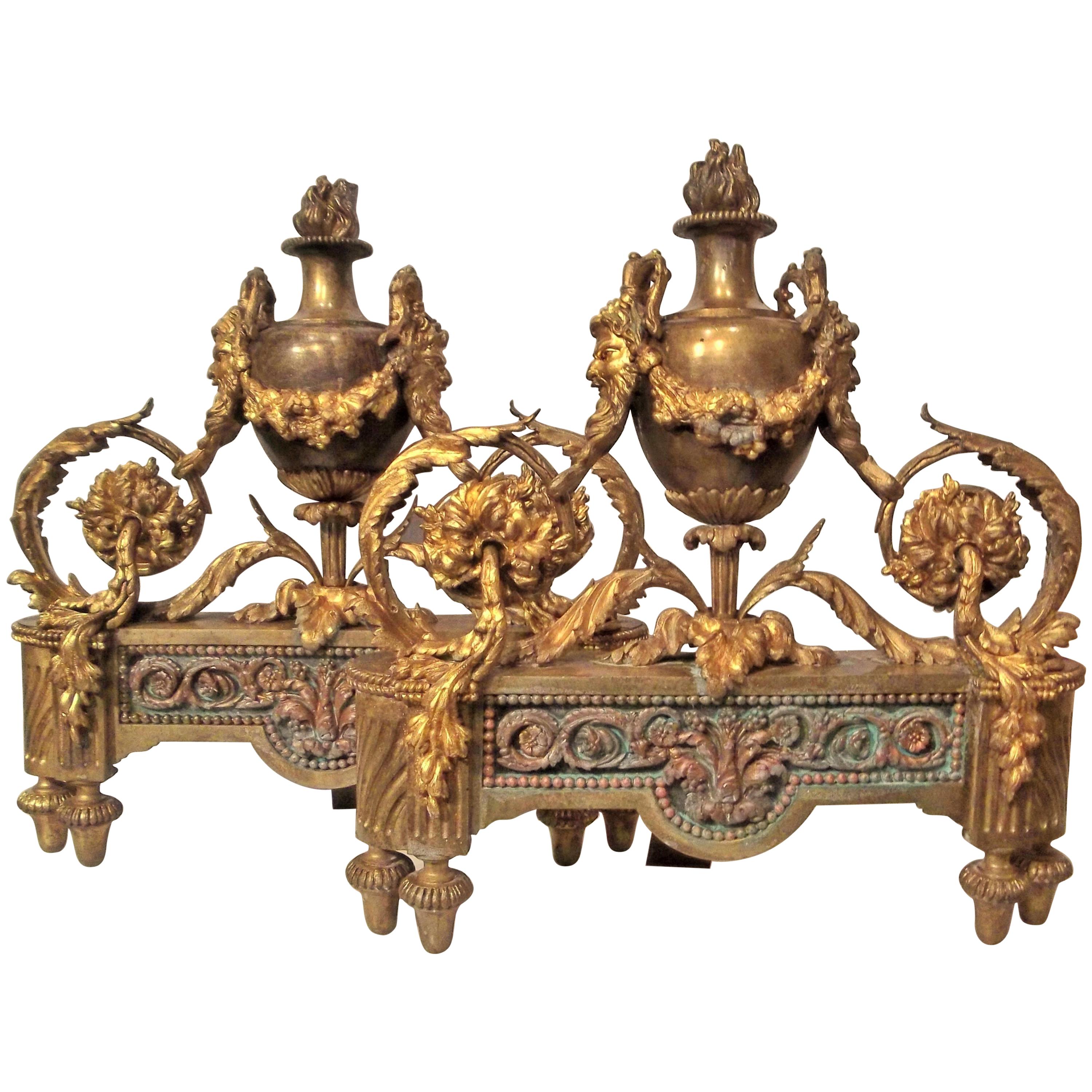 Pair of Louis XVI Style Bronze and Gilt Bronze Chenets or Andirons