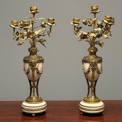 Pair of Louis XVI Style Bronze and Marble Four-Light Candelabra, Jeweled