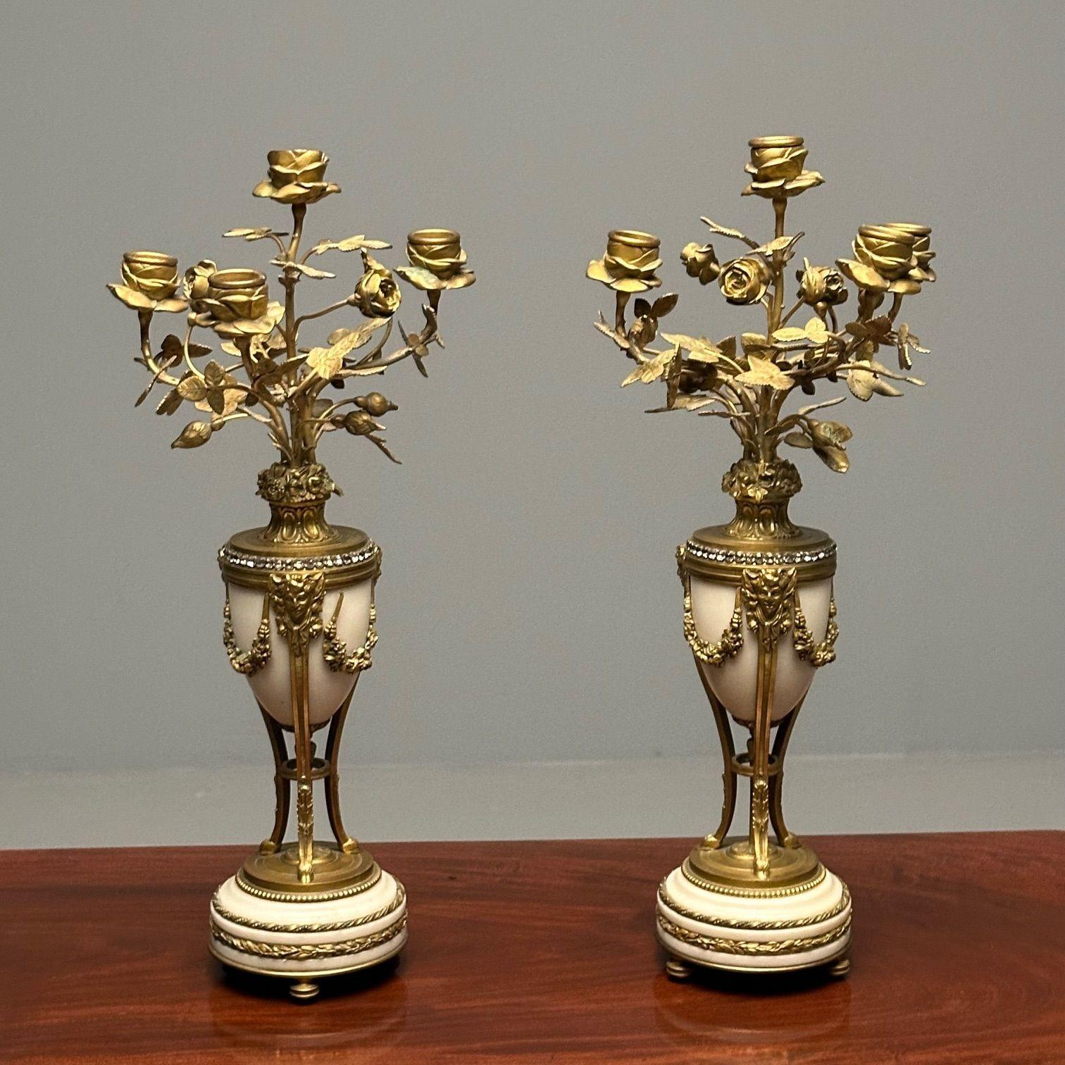 French Pair of Louis XVI Style Bronze and Marble Four-Light Candelabra, Jeweled For Sale