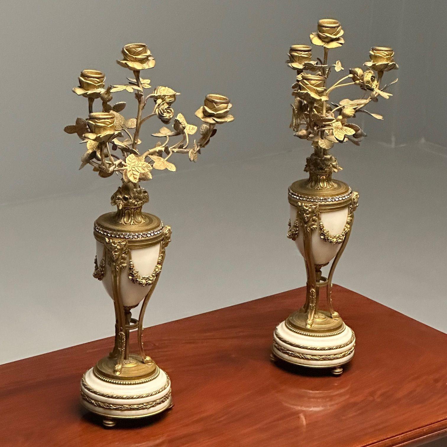 Pair of Louis XVI Style Bronze and Marble Four-Light Candelabra, Jeweled In Good Condition For Sale In Stamford, CT