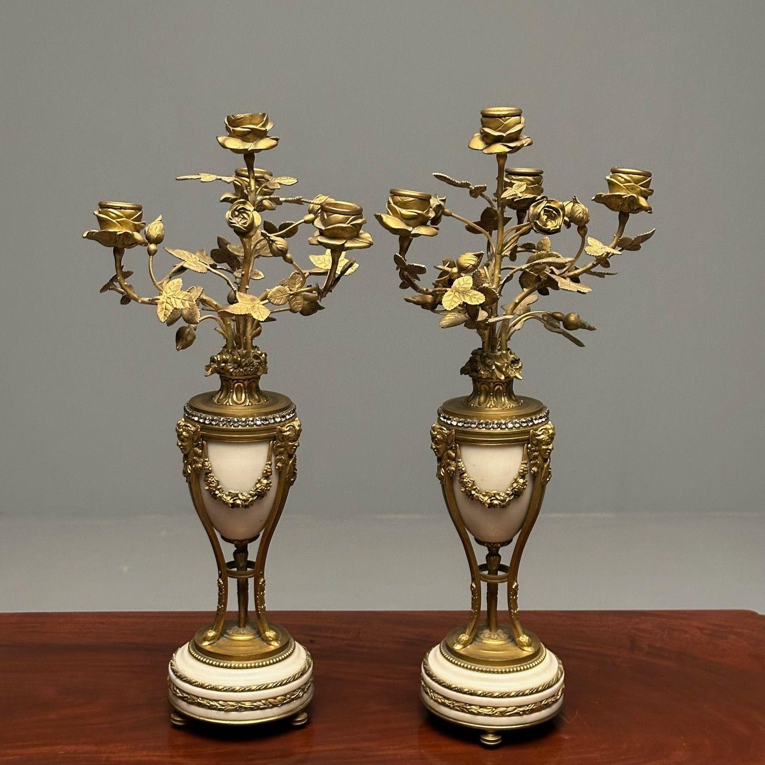 Early 20th Century Pair of Louis XVI Style Bronze and Marble Four-Light Candelabra, Jeweled For Sale