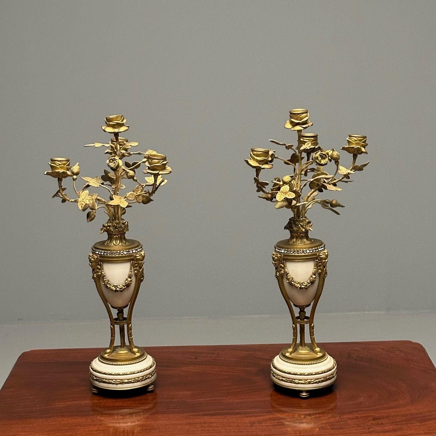Metal Pair of Louis XVI Style Bronze and Marble Four-Light Candelabra, Jeweled For Sale