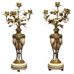Antique Pair of Louis XVI Style Bronze and Marble Four-Light Candelabra, Jeweled