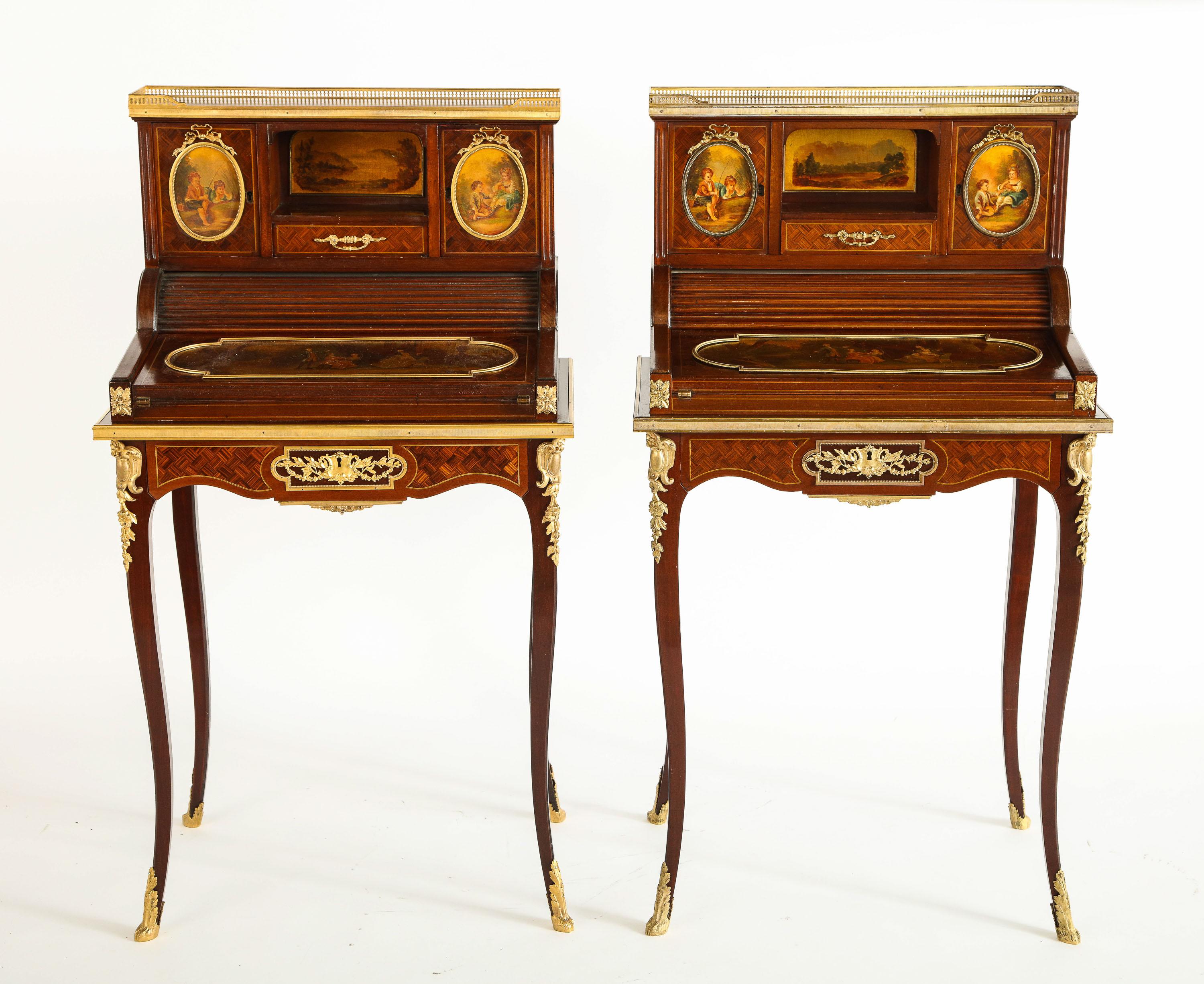 A fabulous pair of Louis XVI style bronze, Vernis Martin, and marquetry Bonheur Du Jours, (Desks, cabinets) by P.E. Guerin N.Y. and retailed by Bailey Banks & Biddle, Philadelphia, circa 1890

Finely mounted with doré bronze mounts, and nice