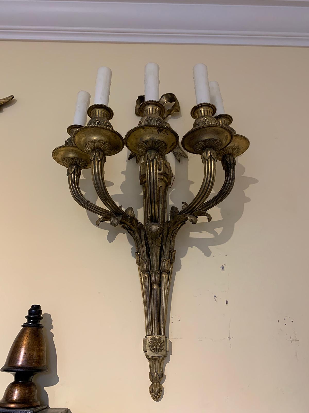 Pair of Louis XVI Style Bronze Five-Arm Sconces with Bows, circa 1900 For Sale 9