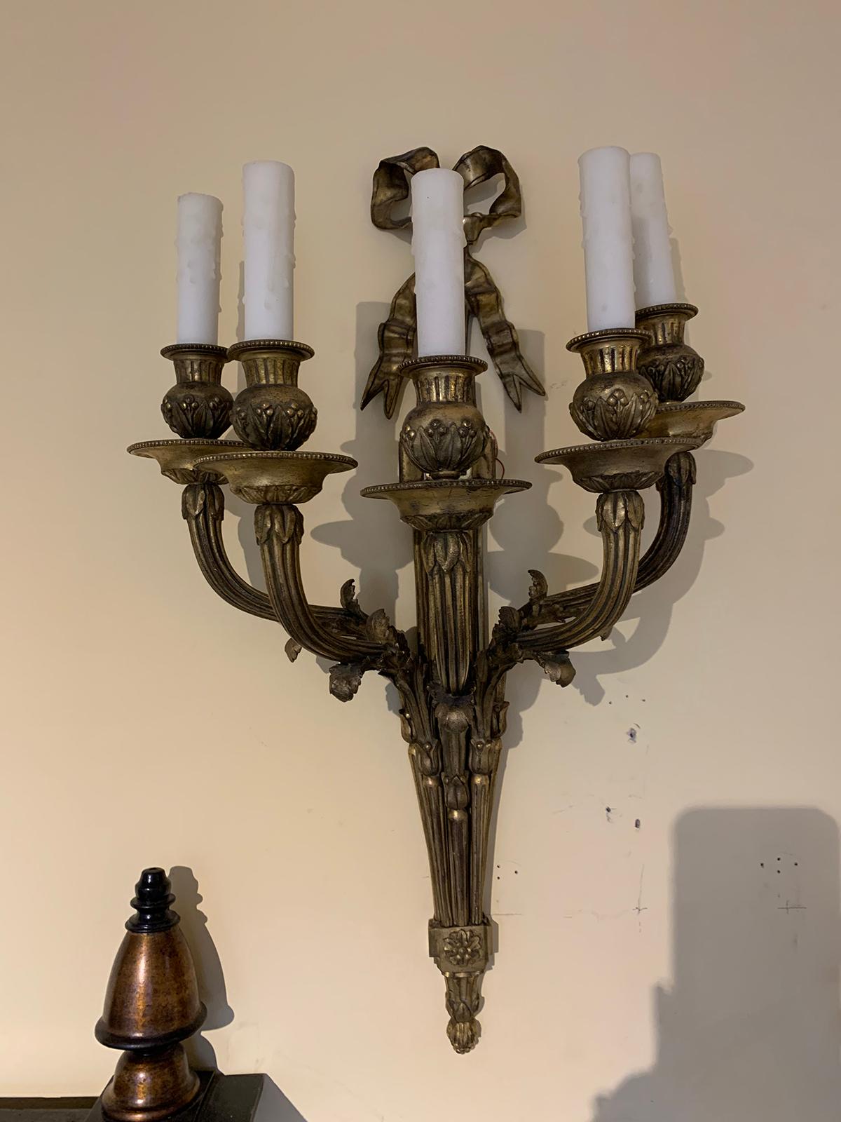 Pair of Louis XVI style bronze five-arm sconces with bows, circa 1900
New wiring.