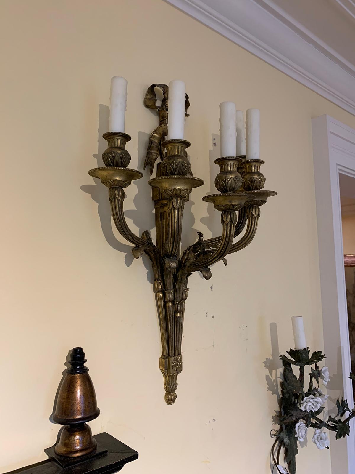 Pair of Louis XVI Style Bronze Five-Arm Sconces with Bows, circa 1900 In Good Condition For Sale In Atlanta, GA