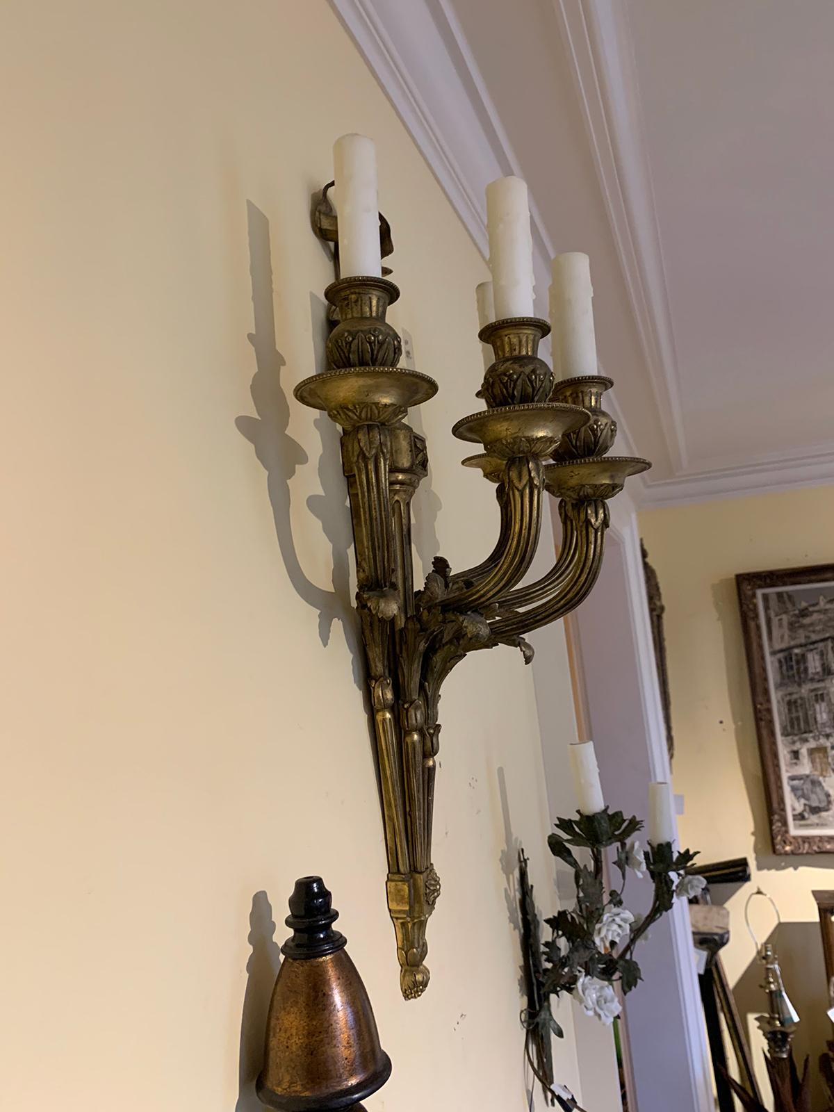 Early 20th Century Pair of Louis XVI Style Bronze Five-Arm Sconces with Bows, circa 1900 For Sale