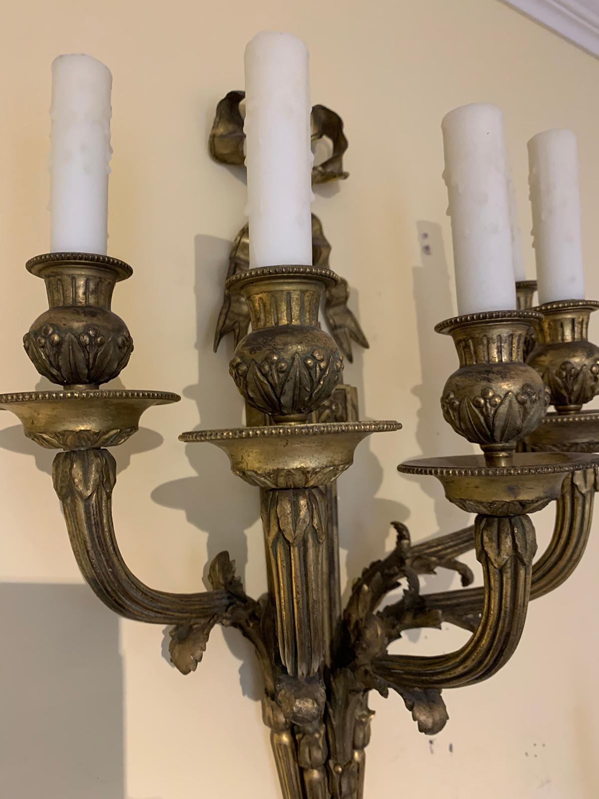 Pair of Louis XVI Style Bronze Five-Arm Sconces with Bows, circa 1900 For Sale 1